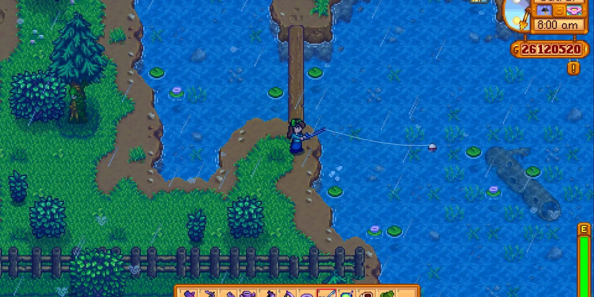 Screenshot của Stardew Valley, người chơi đang câu cá Legendary ở hồ