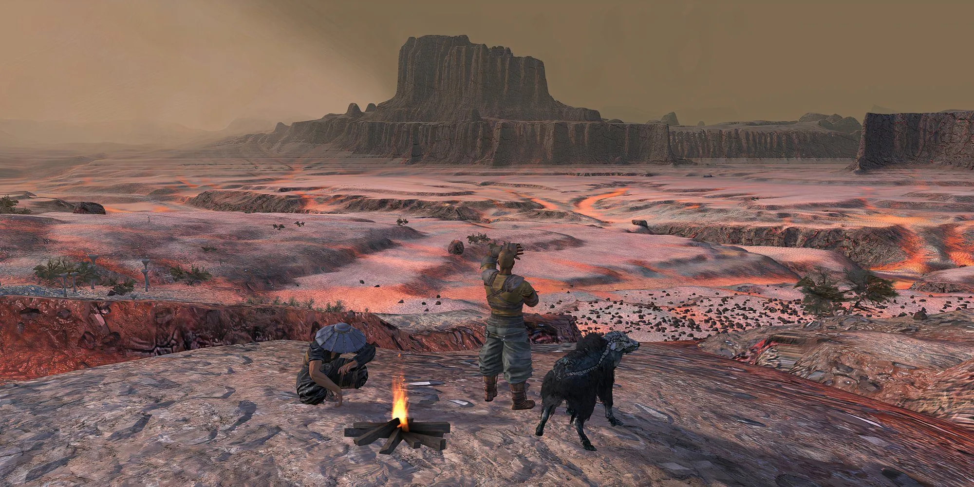 Screenshot of multiple characters from Kenshi on a hilly region