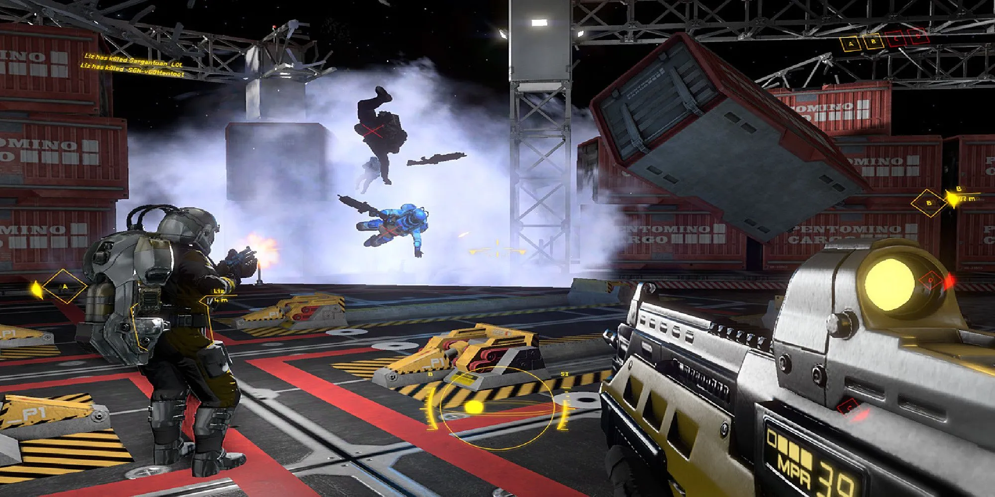 Shattered Horizon players shooting at each other in an arena
