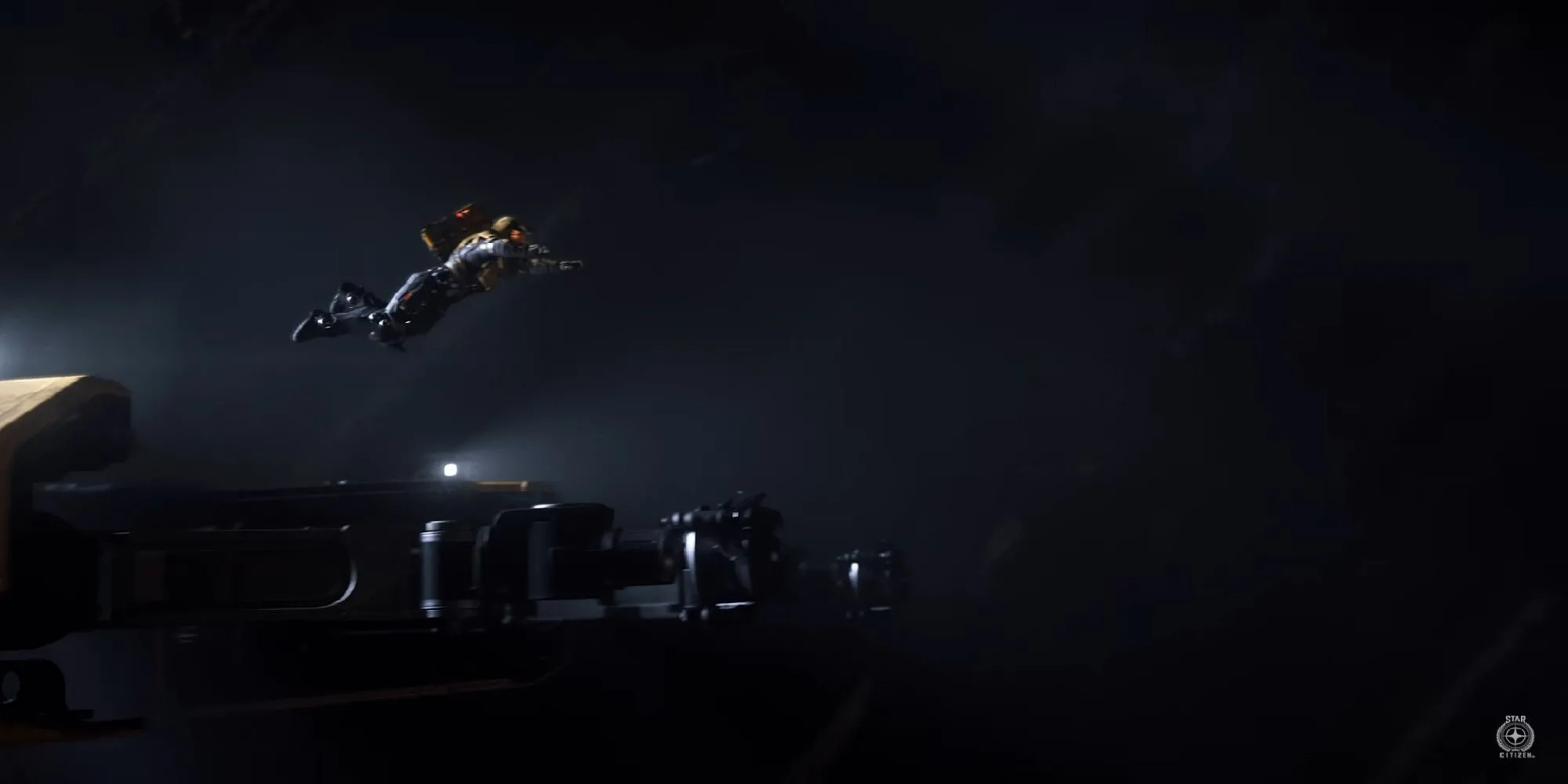 Star Citizen player jumping through zero gravity