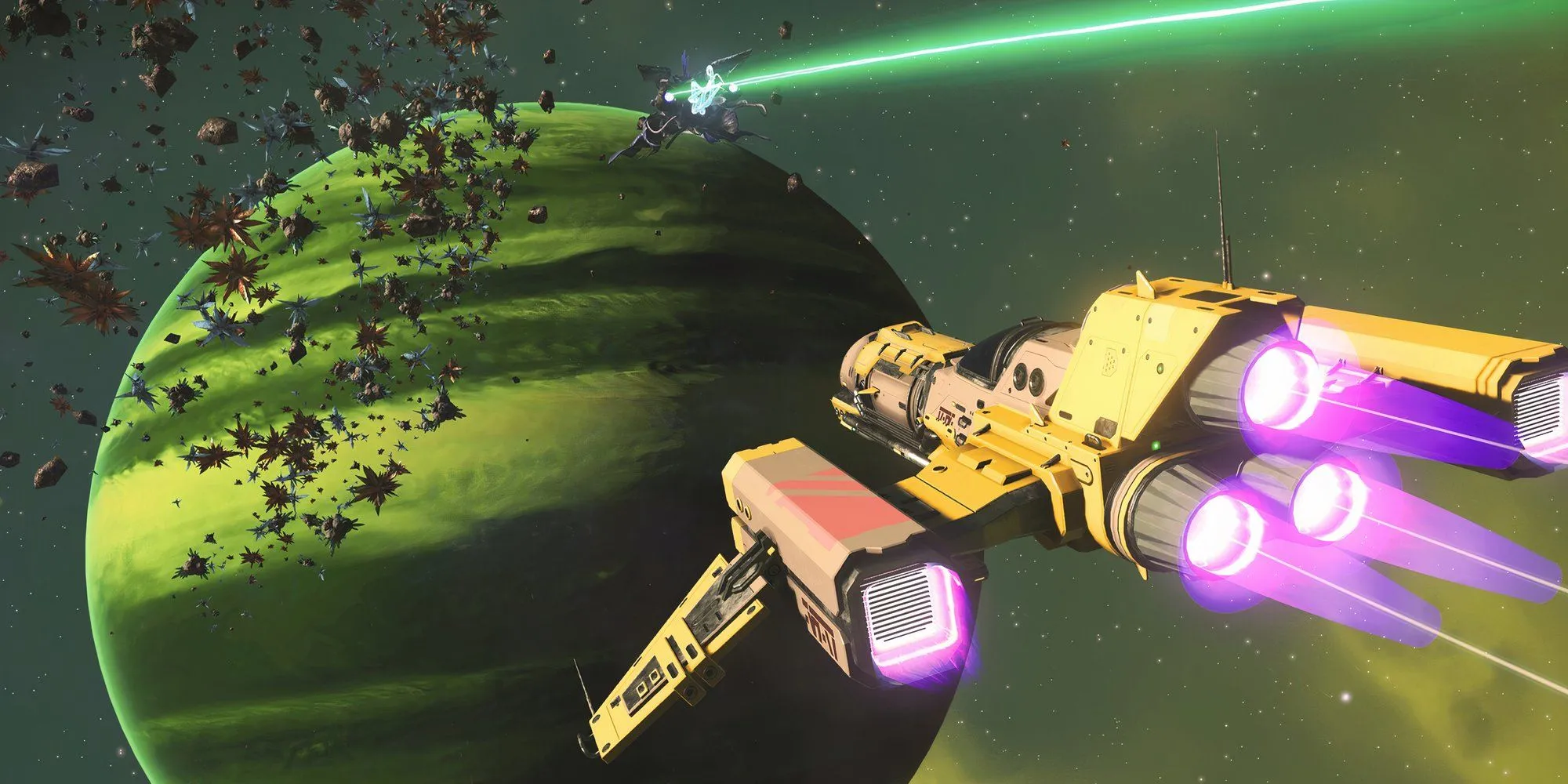 Tàu vũ trụ No Man's Sky thế giới mở đối diện một hành tinh xanh và một tàu vũ trụ khác