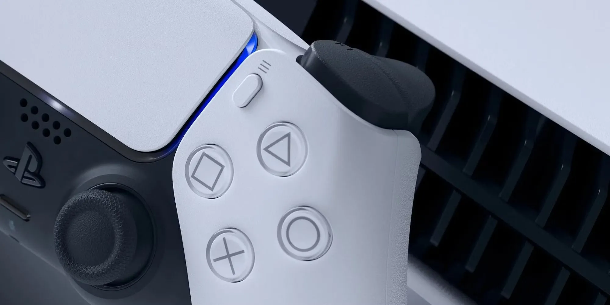 Tay cầm DualSense và logo PlayStation 5, thể hiện phần cứng của console.