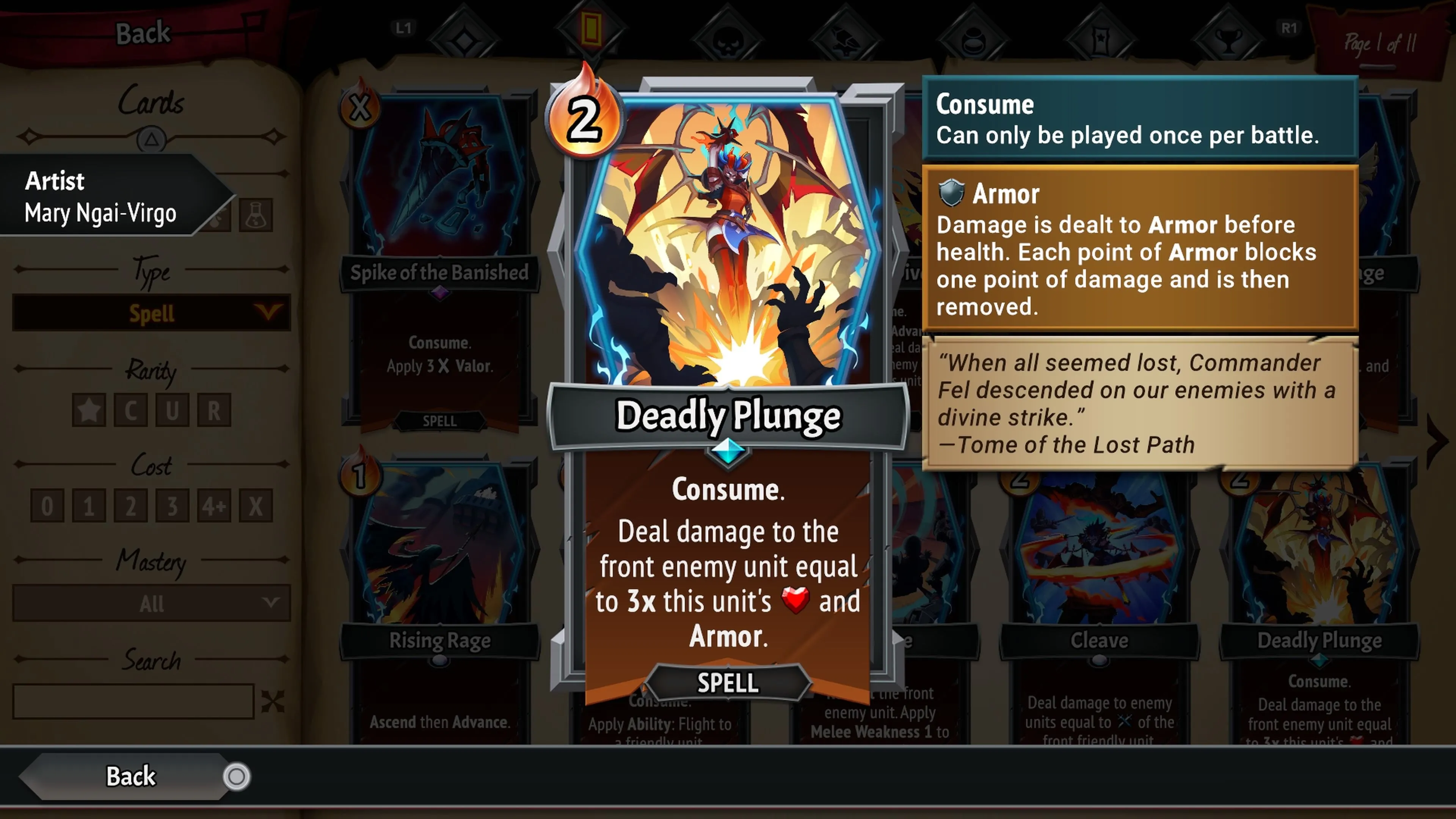 Thẻ bài Deadly Plunge trong Monster Train 2, gây sát thương dựa trên máu và giáp của đơn vị