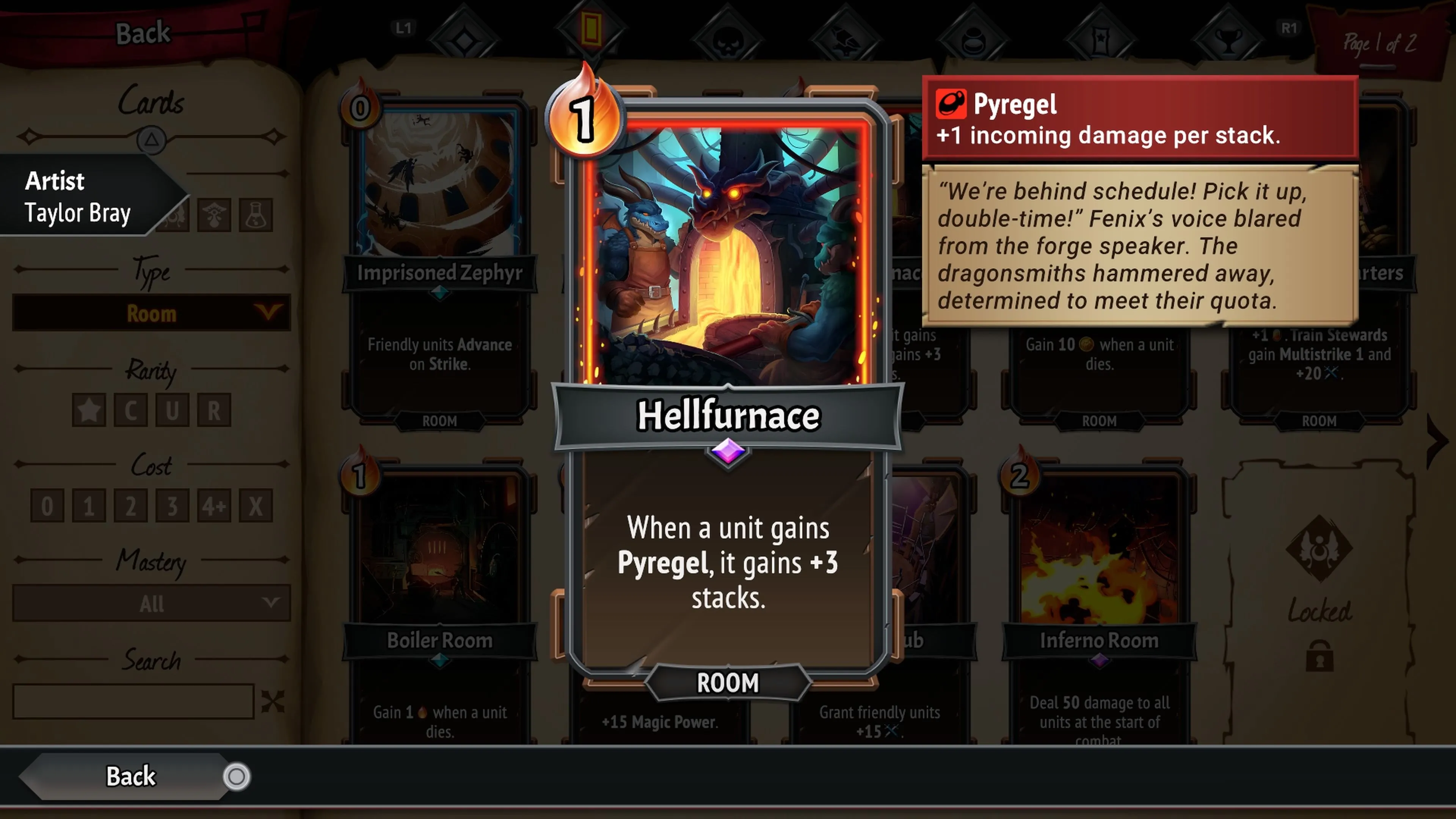 Thẻ bài Hellfurnace trong Monster Train 2, minh họa hiệu ứng tăng Pyregel