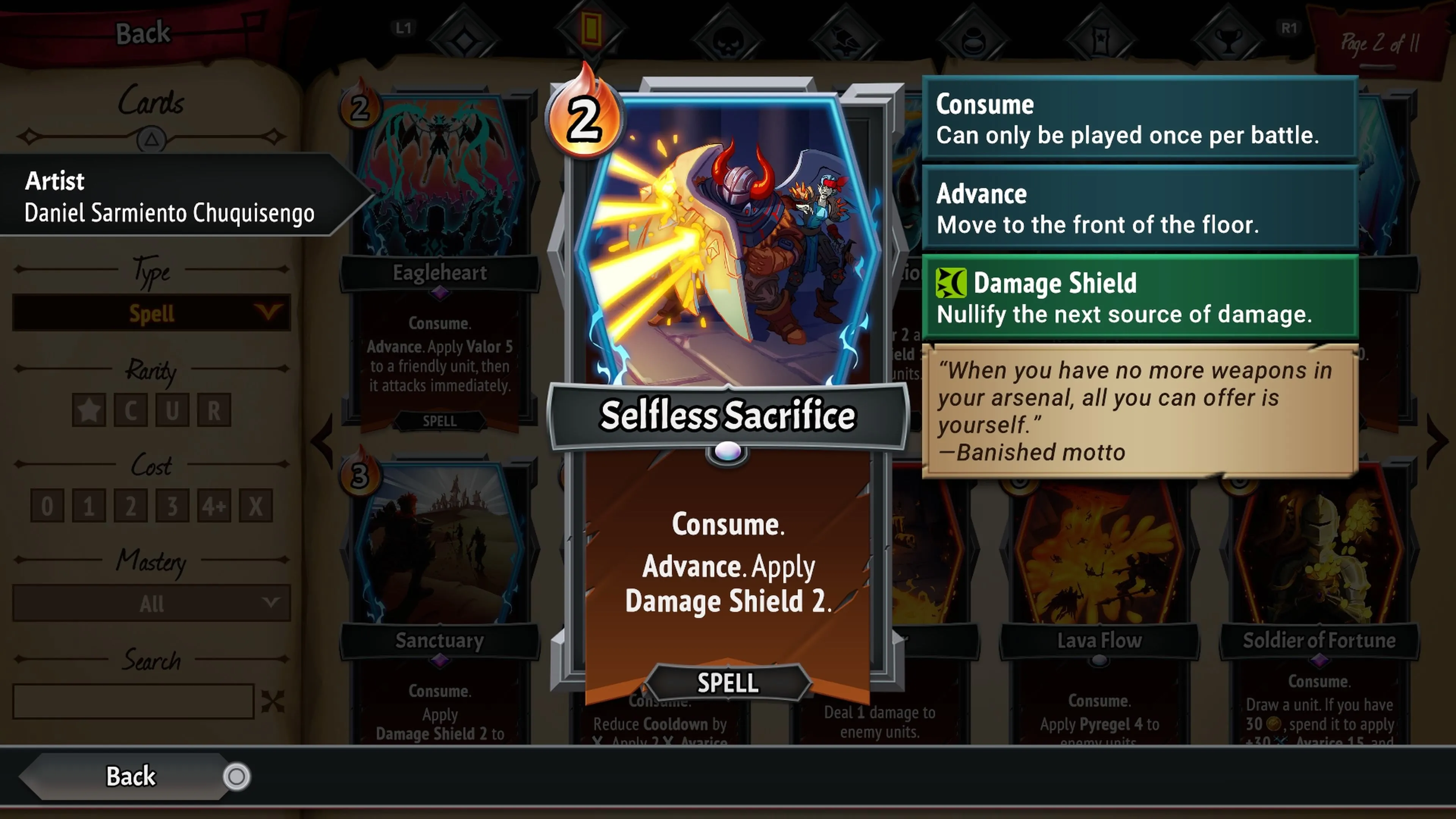Thẻ bài Selfless Sacrifice trong Monster Train 2, tăng khiên sát thương cho đơn vị