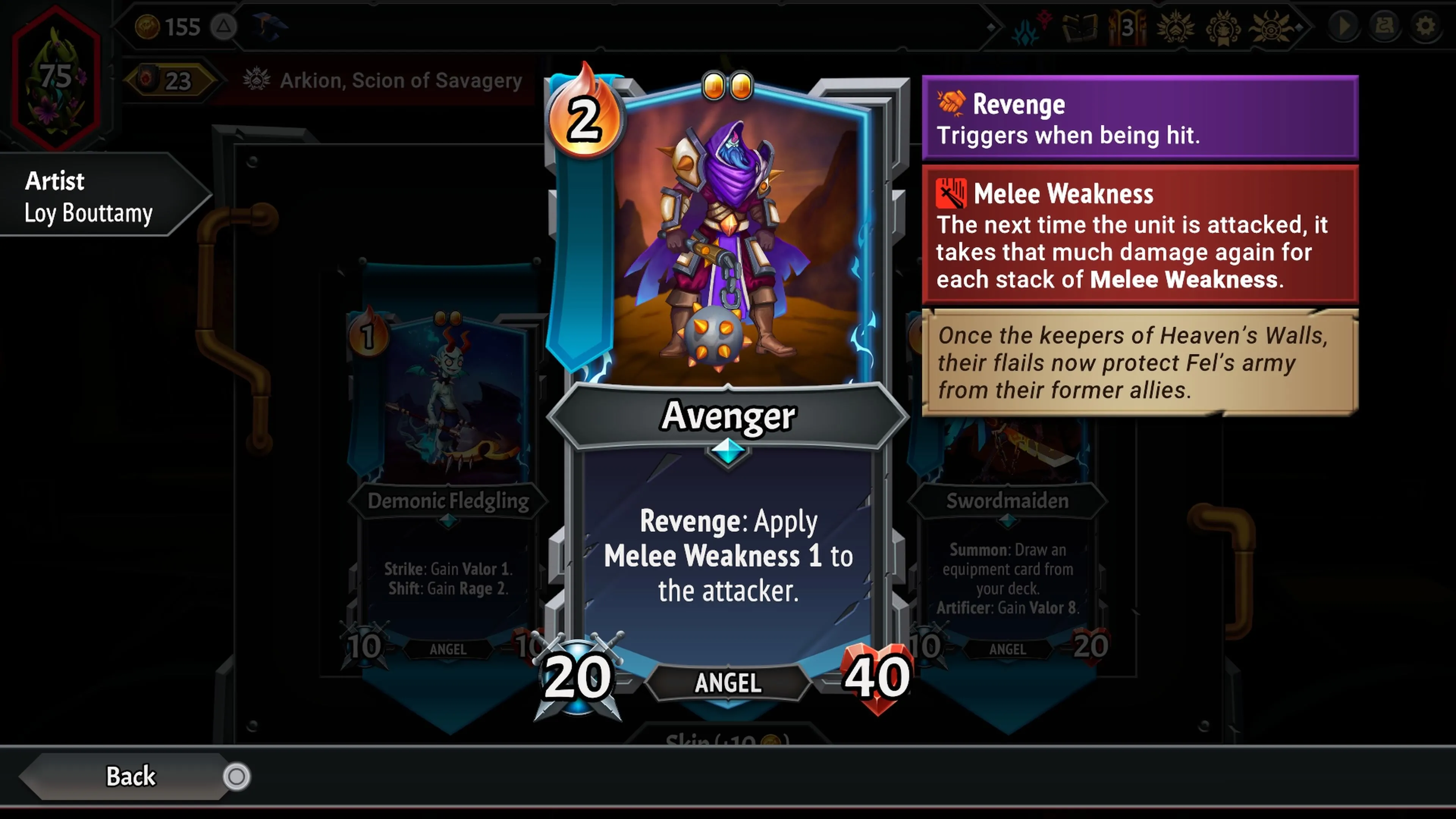 Thẻ đơn vị Avenger trong Monster Train 2, hiển thị chỉ số và kỹ năng Revenge gây điểm yếu cận chiến