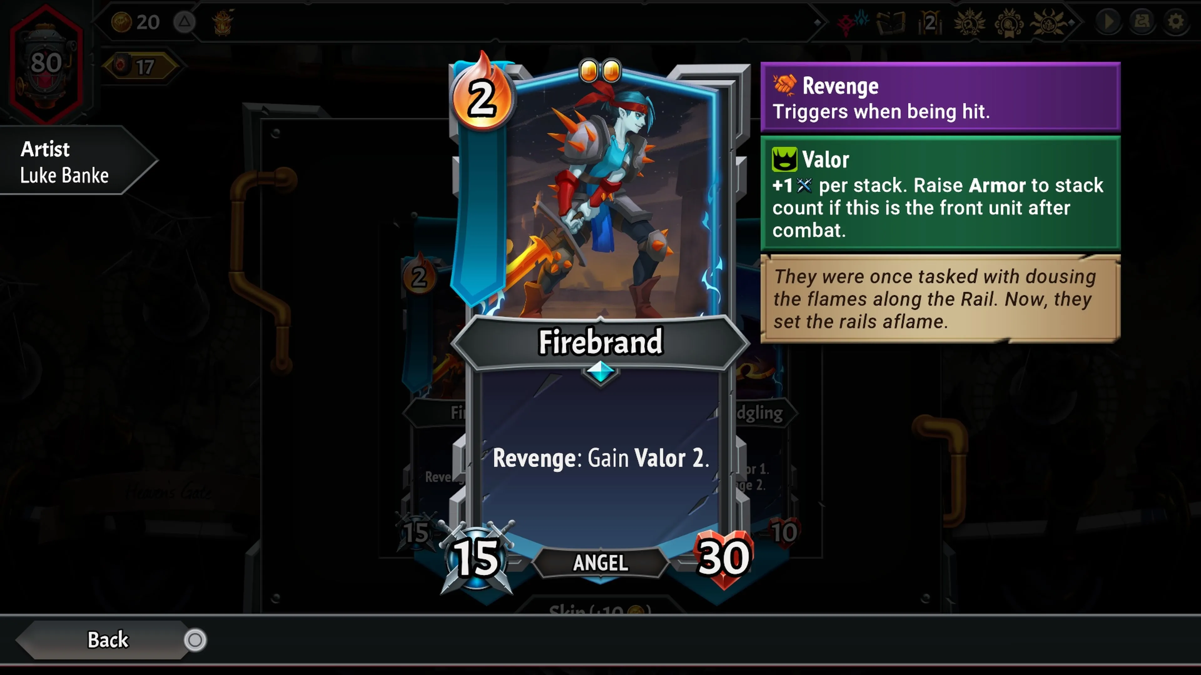 Thẻ đơn vị Firebrand trong Monster Train 2, hiển thị chỉ số và kỹ năng Revenge Valor