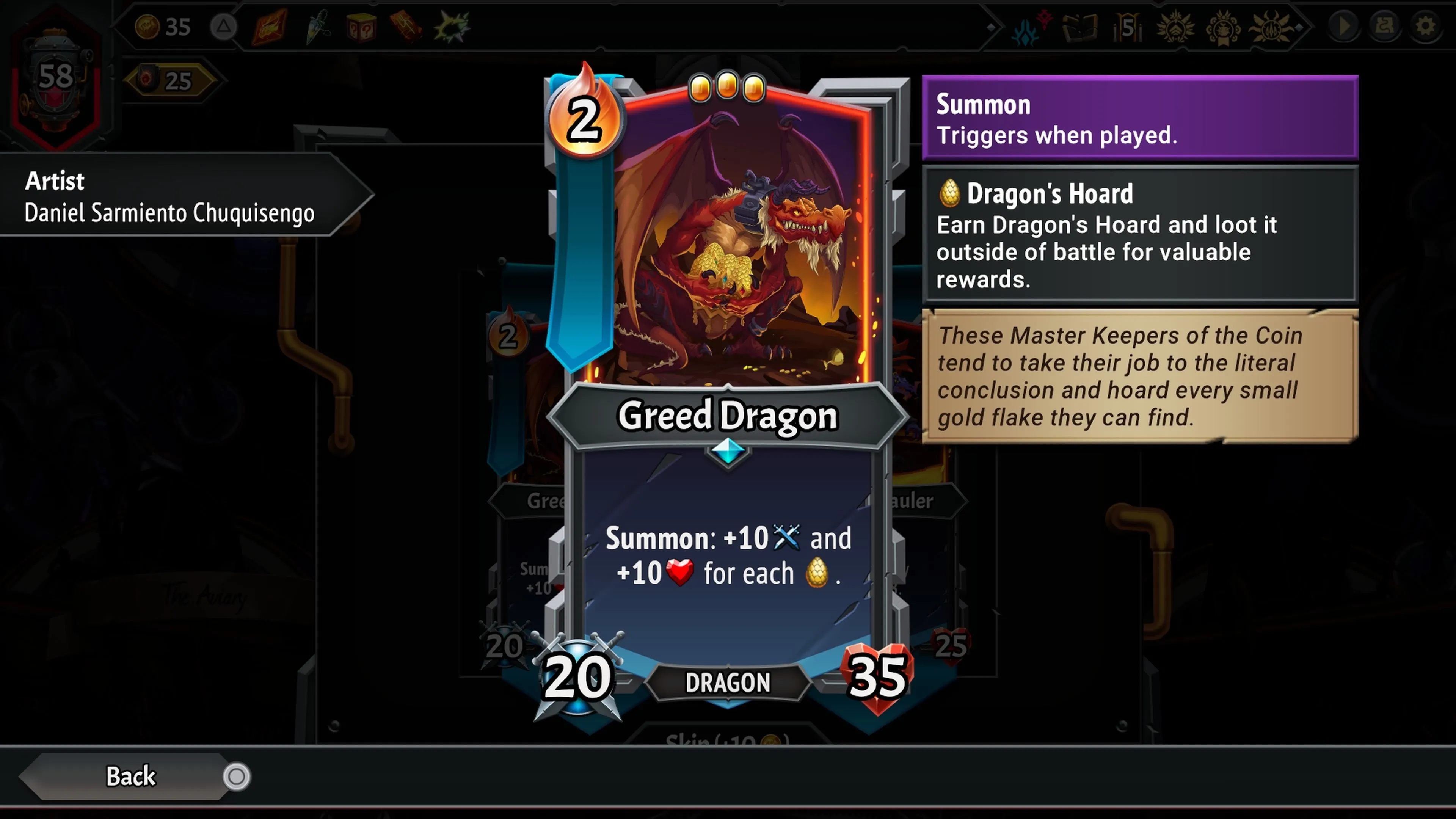 Thẻ đơn vị Greed Dragon trong Monster Train 2, hiển thị chỉ số và kỹ năng triệu hồi Dragon's Hoard