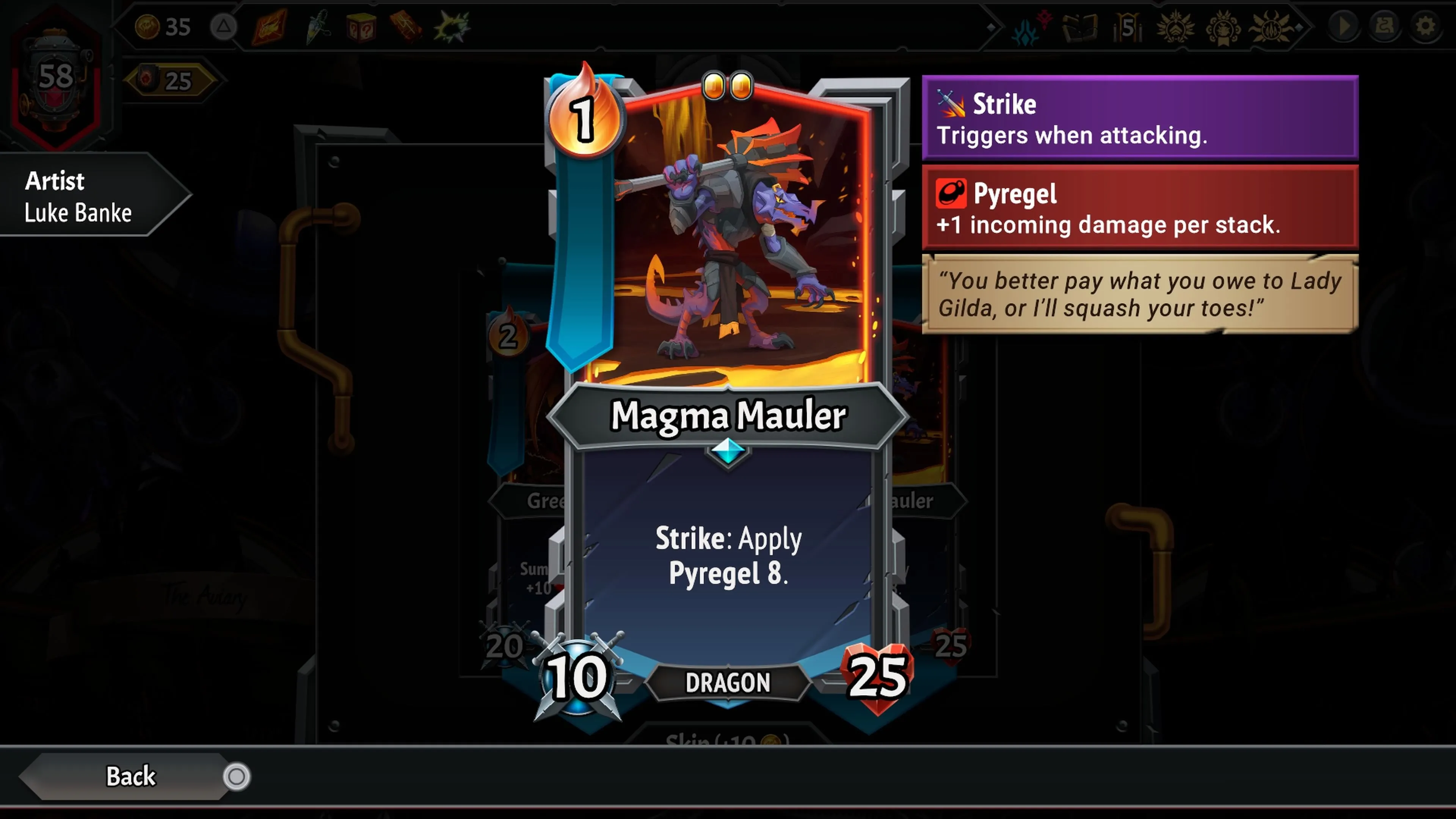 Thẻ đơn vị Magma Mauler trong Monster Train 2, hiển thị chỉ số và kỹ năng gây Pyregel