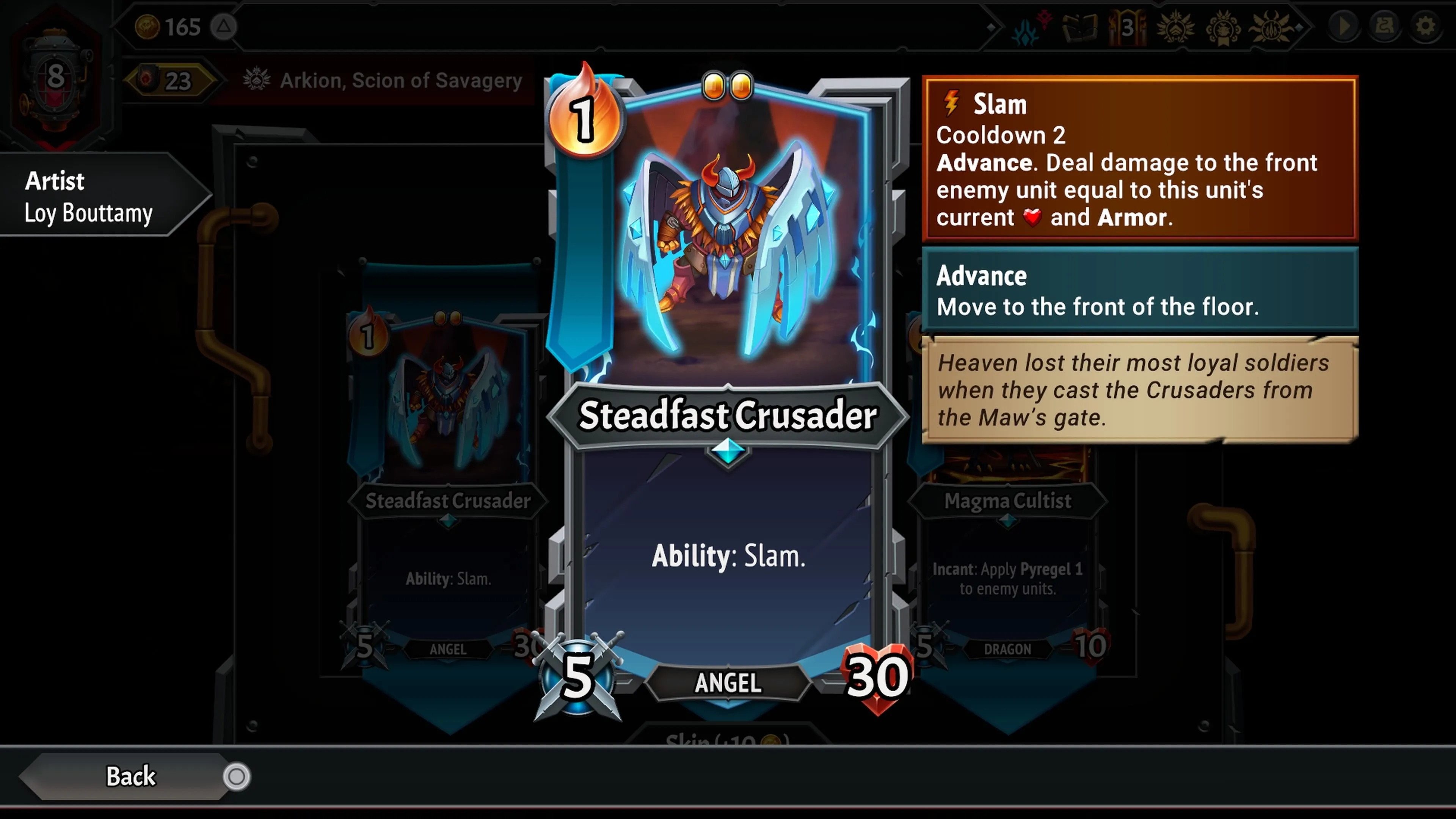 Thẻ đơn vị Steadfast Crusader trong Monster Train 2, hiển thị chỉ số và kỹ năng Slam mạnh mẽ