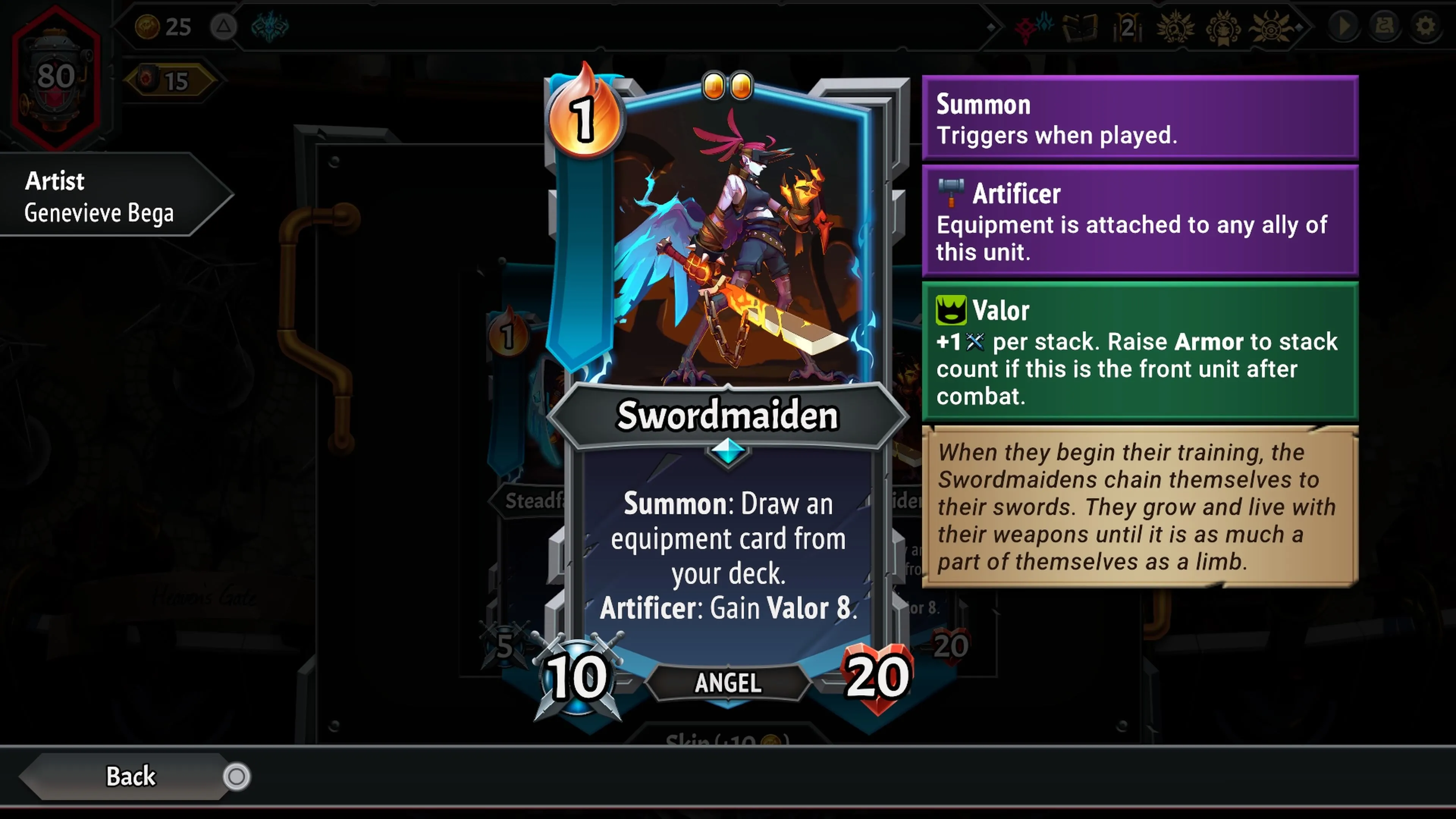 Thẻ đơn vị Swordmaiden trong Monster Train 2, hiển thị chỉ số và khả năng triệu hồi thẻ trang bị