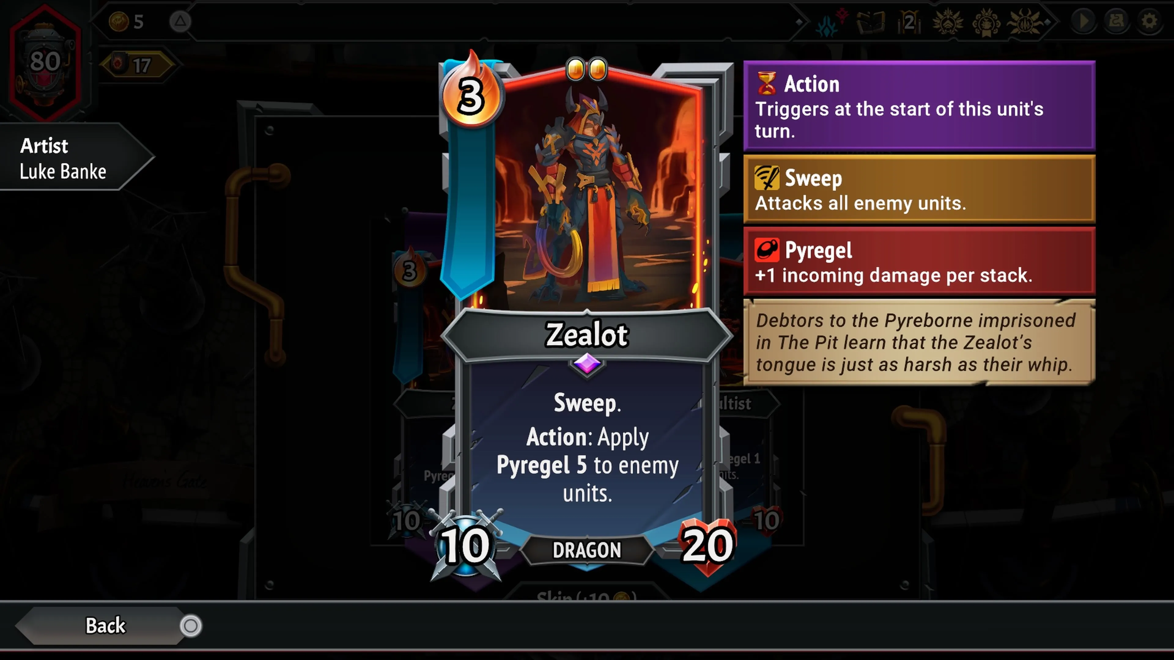 Thẻ đơn vị Zealot trong Monster Train 2, hiển thị chỉ số và kỹ năng Sweep gây Pyregel