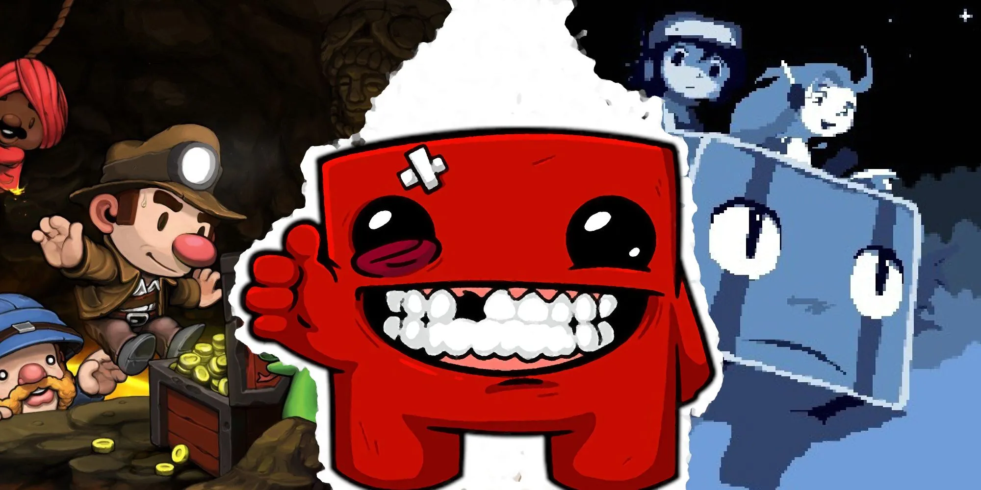 Thumbnail cho bài viết về các game Indie &quot;Lão hóa như rượu ngon&quot;, với Spelunky, Meat Boy, và Cave Story.