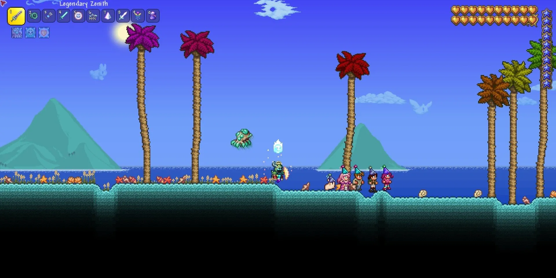 Tiệc NPC trên bãi biển xanh trong Terraria
