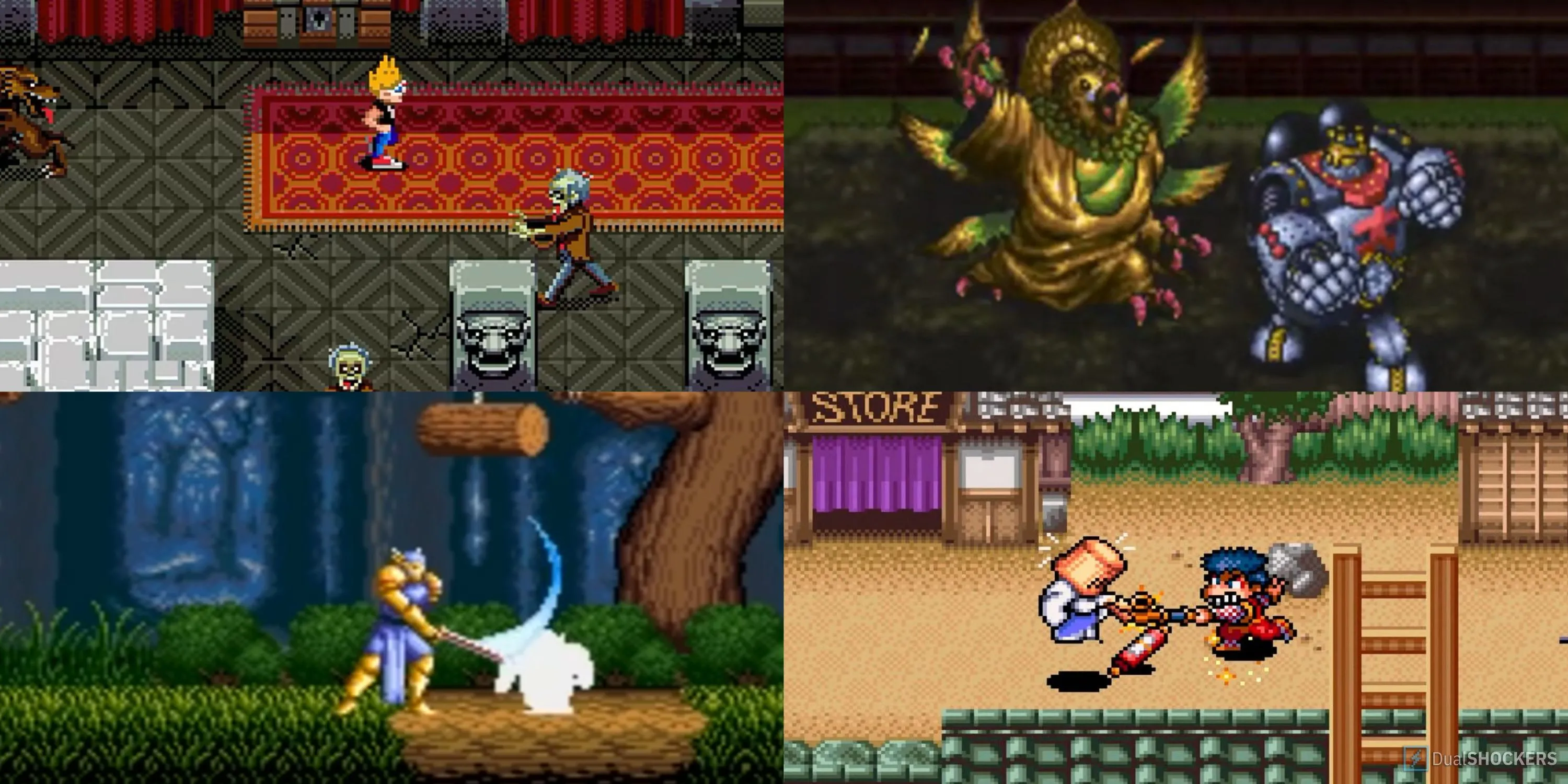 Tổng hợp hình ảnh các tựa game kinh điển trên SNES như Zombies Ate My Neighbors, ActRaiser, Mystical Ninja, Live A Live