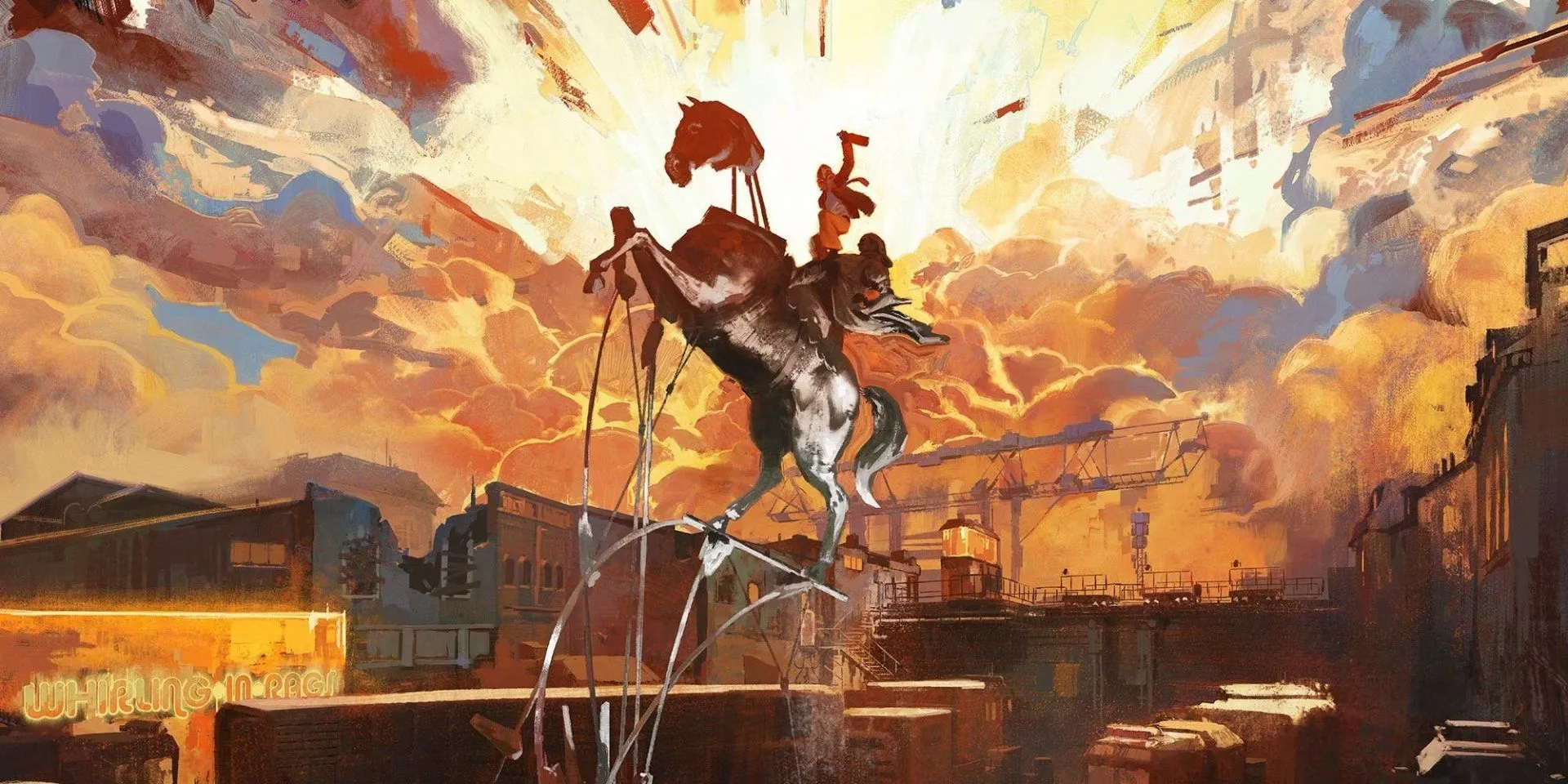 Tượng vua Filippe III từ Disco Elysium. Một bức tượng bị phá hủy đang được dựng lại dưới ánh hoàng hôn tuyệt đẹp.
