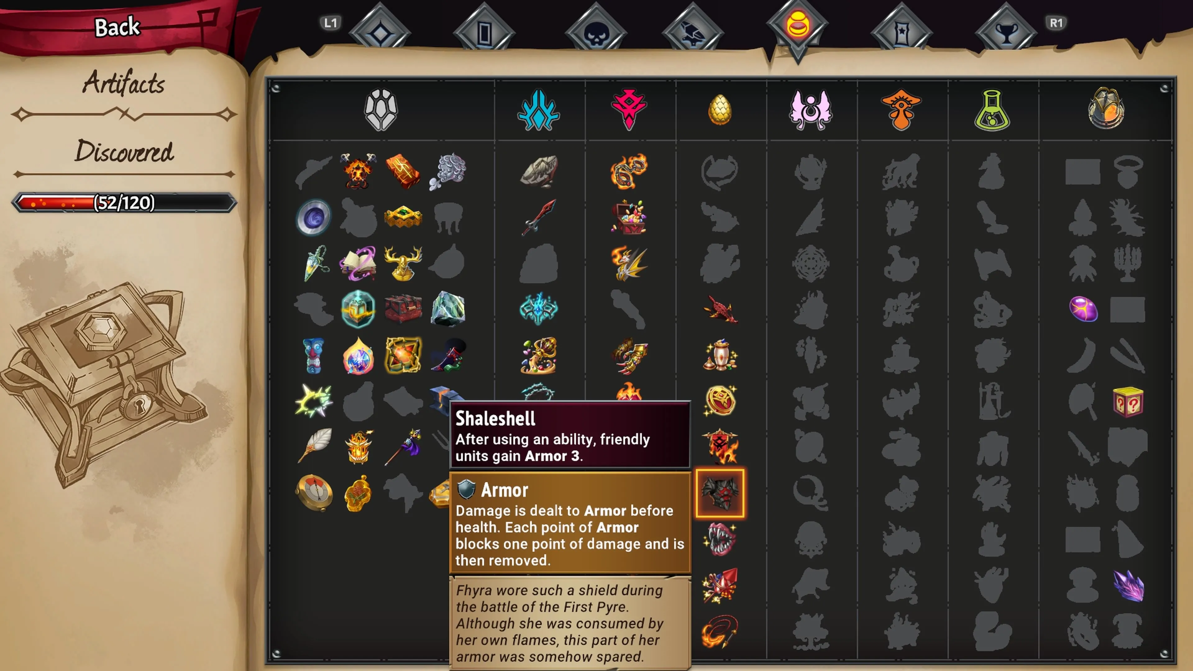 Vỏ Đá Phiến là artifact tăng Giáp cho đơn vị khi sử dụng kỹ năng trong Monster Train 2