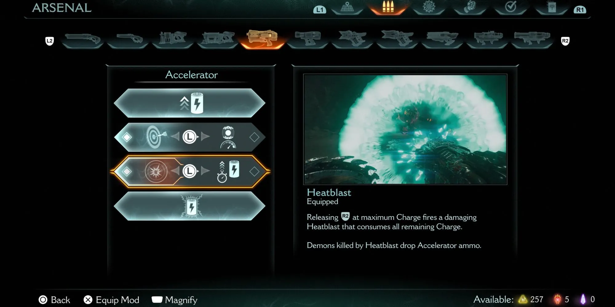 Vũ khí Accelerator với nâng cấp Heatblast trong gameplay DOOM The Dark Ages