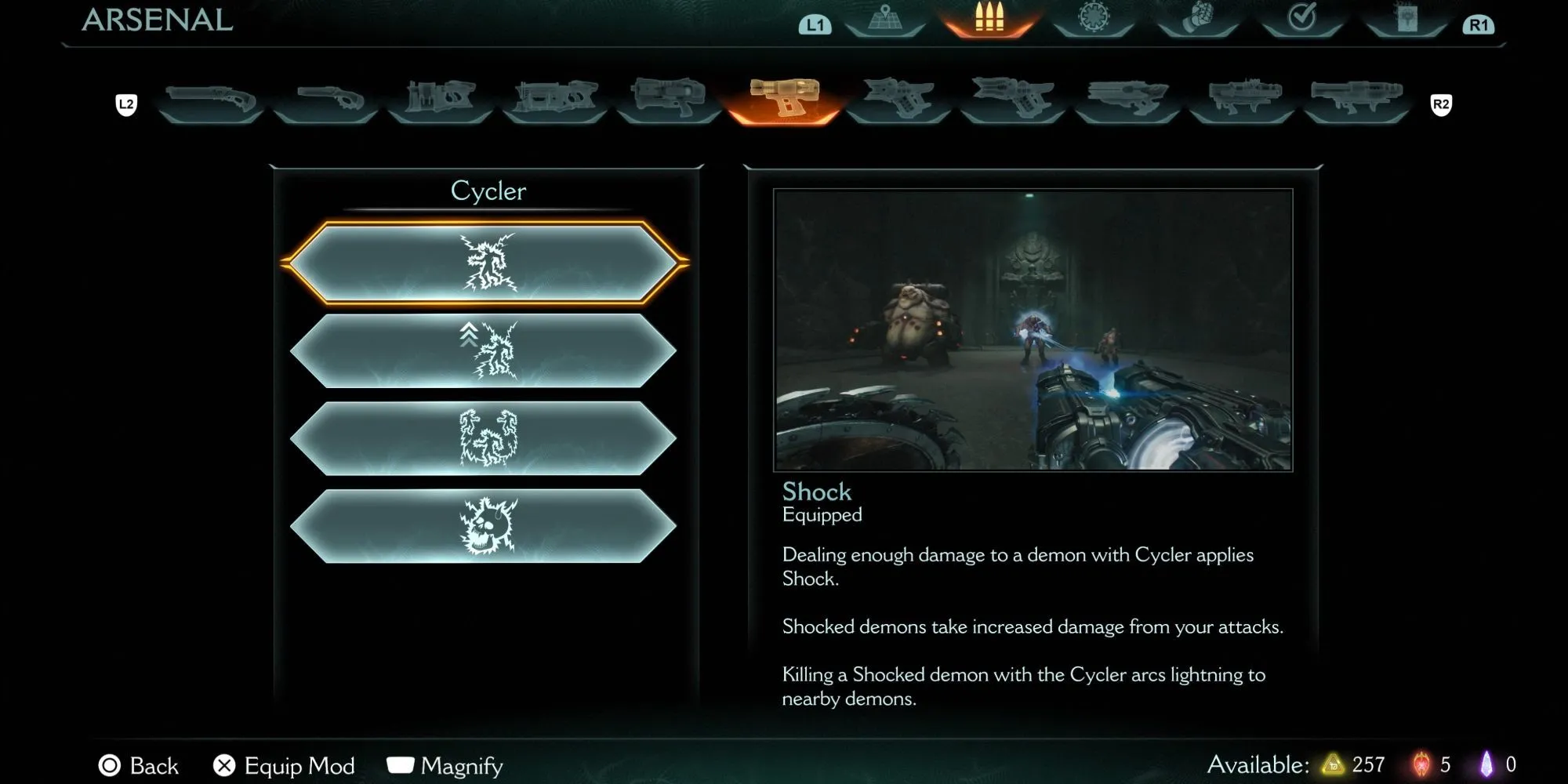 Vũ khí Cycler với hiệu ứng Shock trong game DOOM The Dark Ages