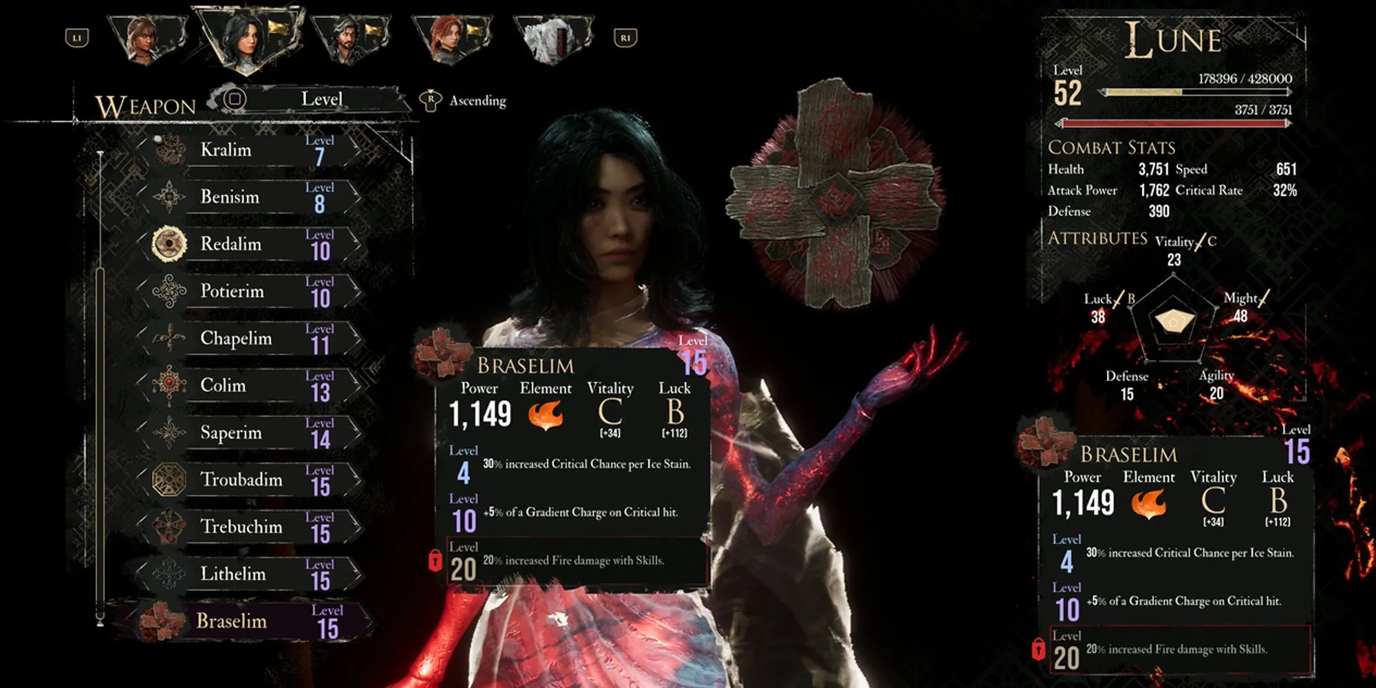 Vũ khí nguyên tố Lửa Braselim cho Lune trong game nhập vai theo lượt Clair Obscur Expedition 33