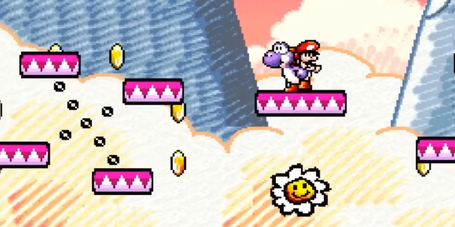 Yoshi đứng trên một nền tảng trong thế giới đầy màu sắc của game Super Mario World 2: Yoshi's Island trên SNES