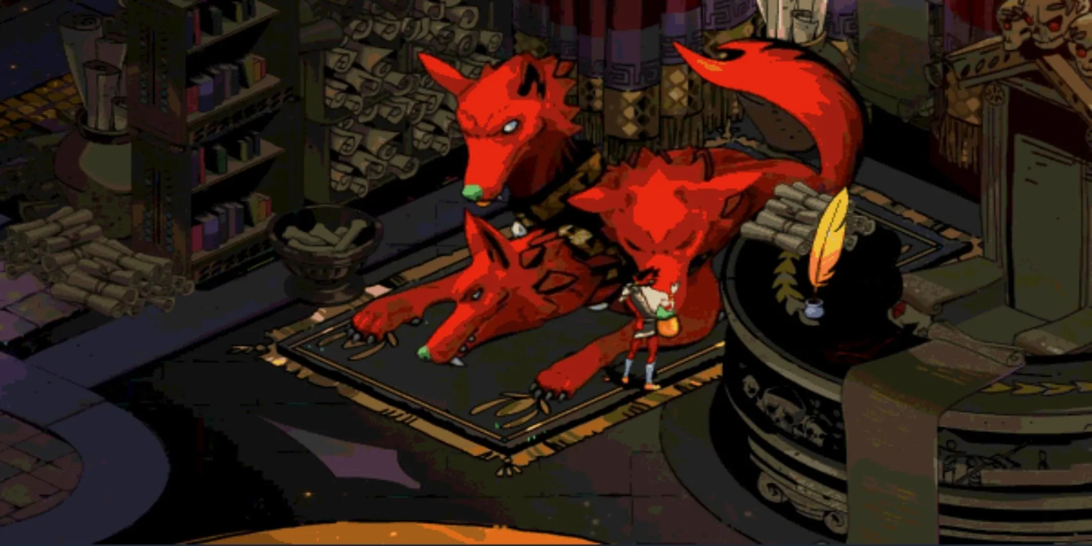 Zagreus đang vuốt ve Cerberus trong game Hades.