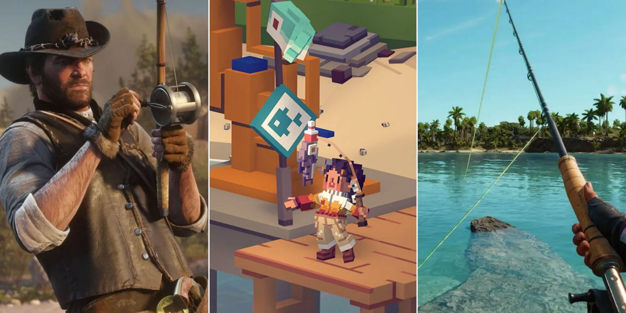 Cảnh câu cá trong các tựa game nổi tiếng: Red Dead Redemption 2, Moonglow Bay và Far Cry 6.