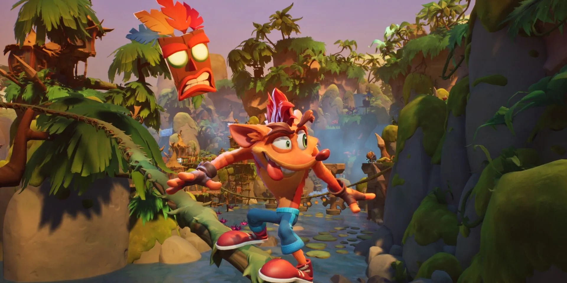 Crash Bandicoot trượt trên một sợi dây trong Crash Bandicoot 4, thể hiện lối chơi platforming đặc trưng