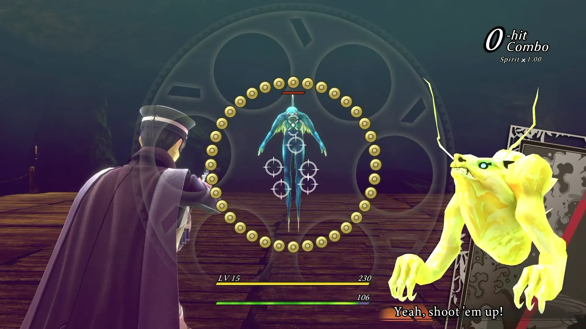 Đánh giá RAIDOU Remastered: Raidou sử dụng khẩu súng để tấn công quỷ trên không