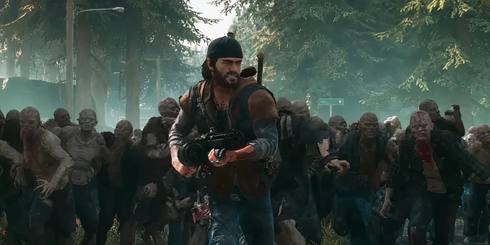 Deacon St. John đối mặt với bầy zombie khổng lồ (Freakers) đang lao tới trong Days Gone.