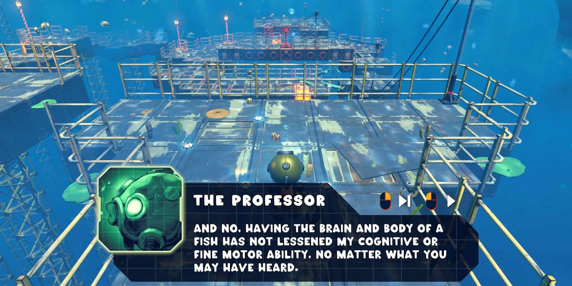 Đoạn hội thoại với nhân vật Professor Fish trong game Power Sink