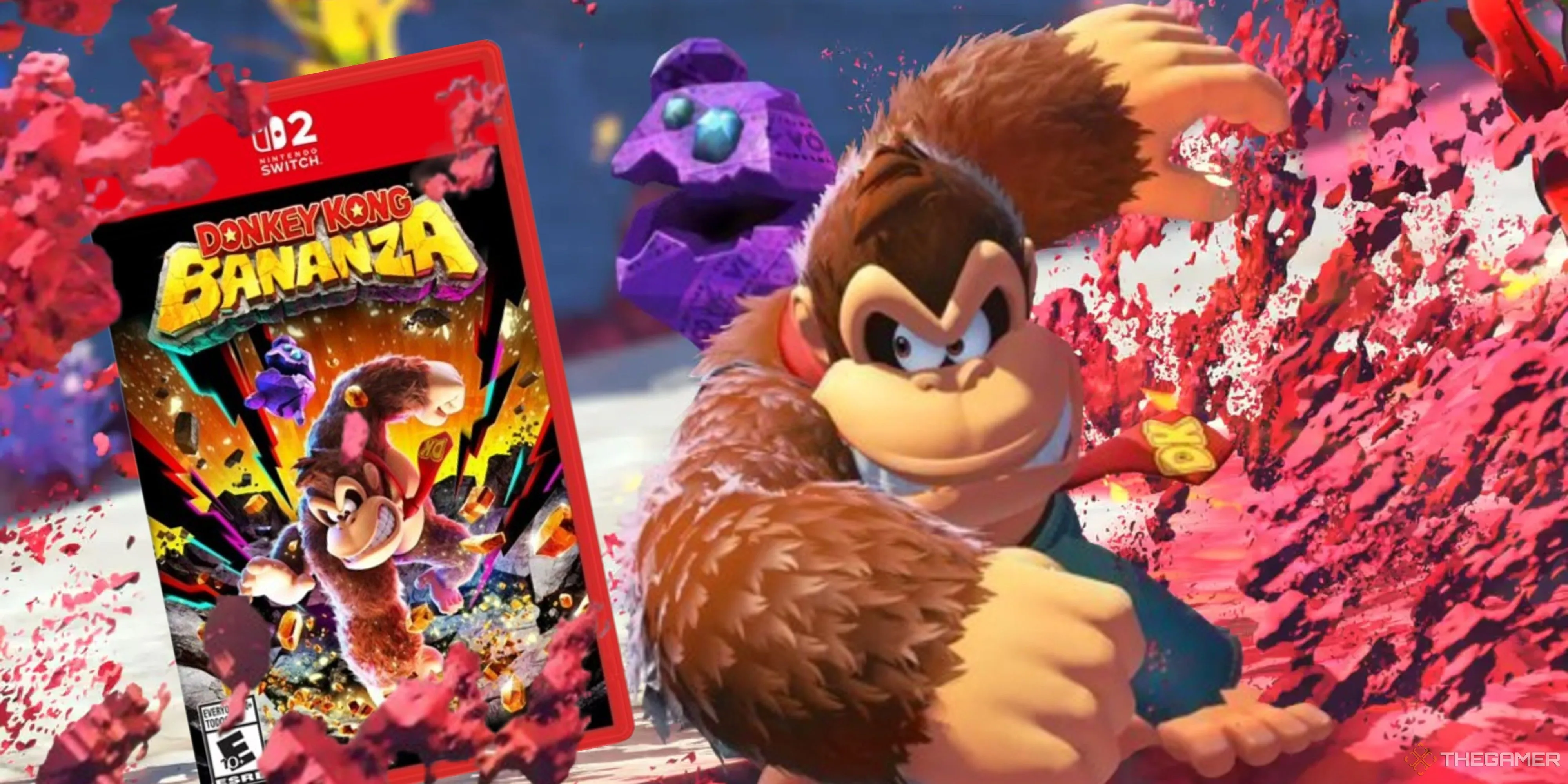 Donkey Kong đang đấm vào hộp game Donkey Kong Bananza, tượng trưng cho năng lượng của trò chơi