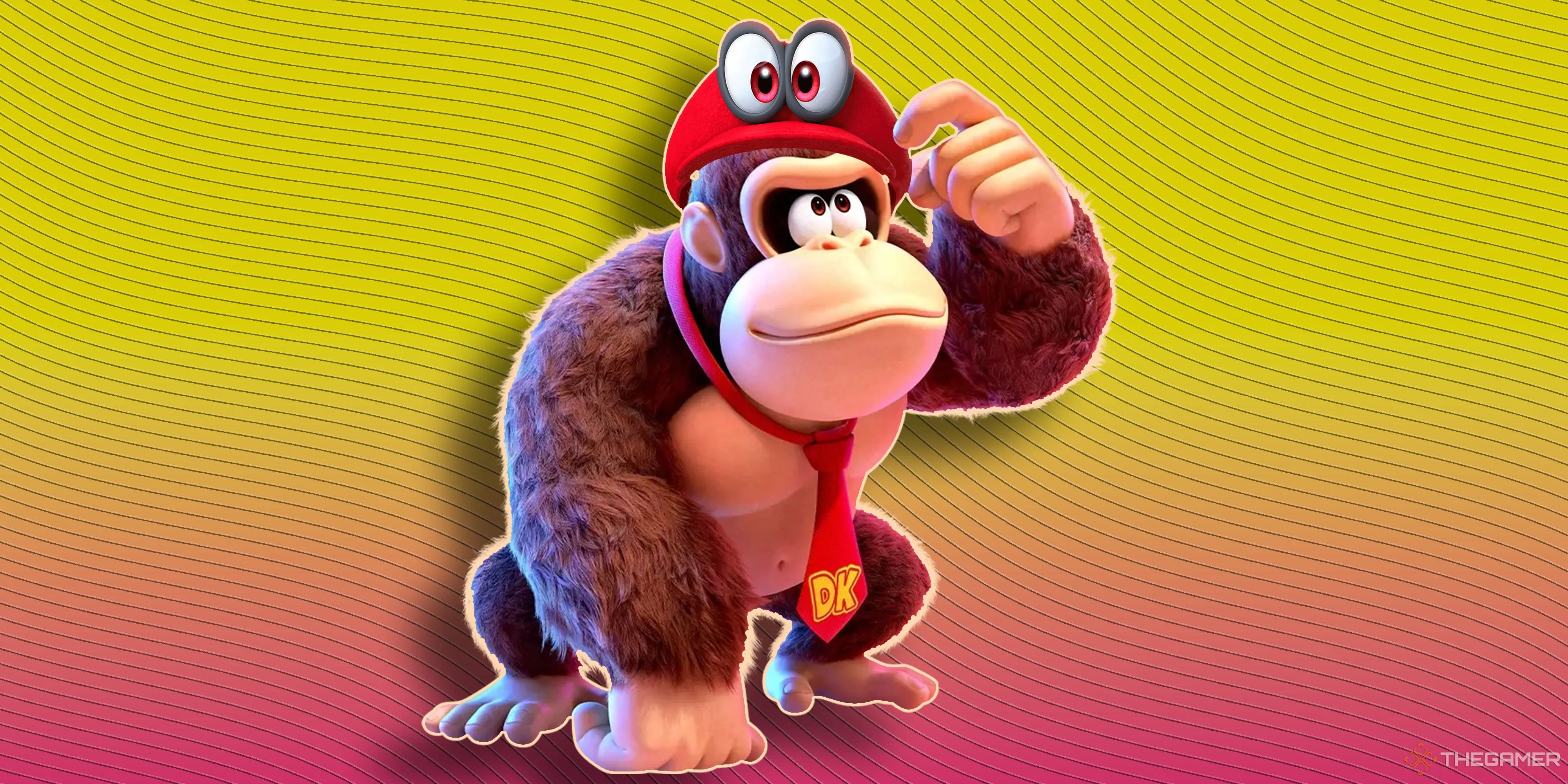 Donkey Kong đội mũ Cappy từ Super Mario Odyssey trong phong cách nghệ thuật mới của Bananza