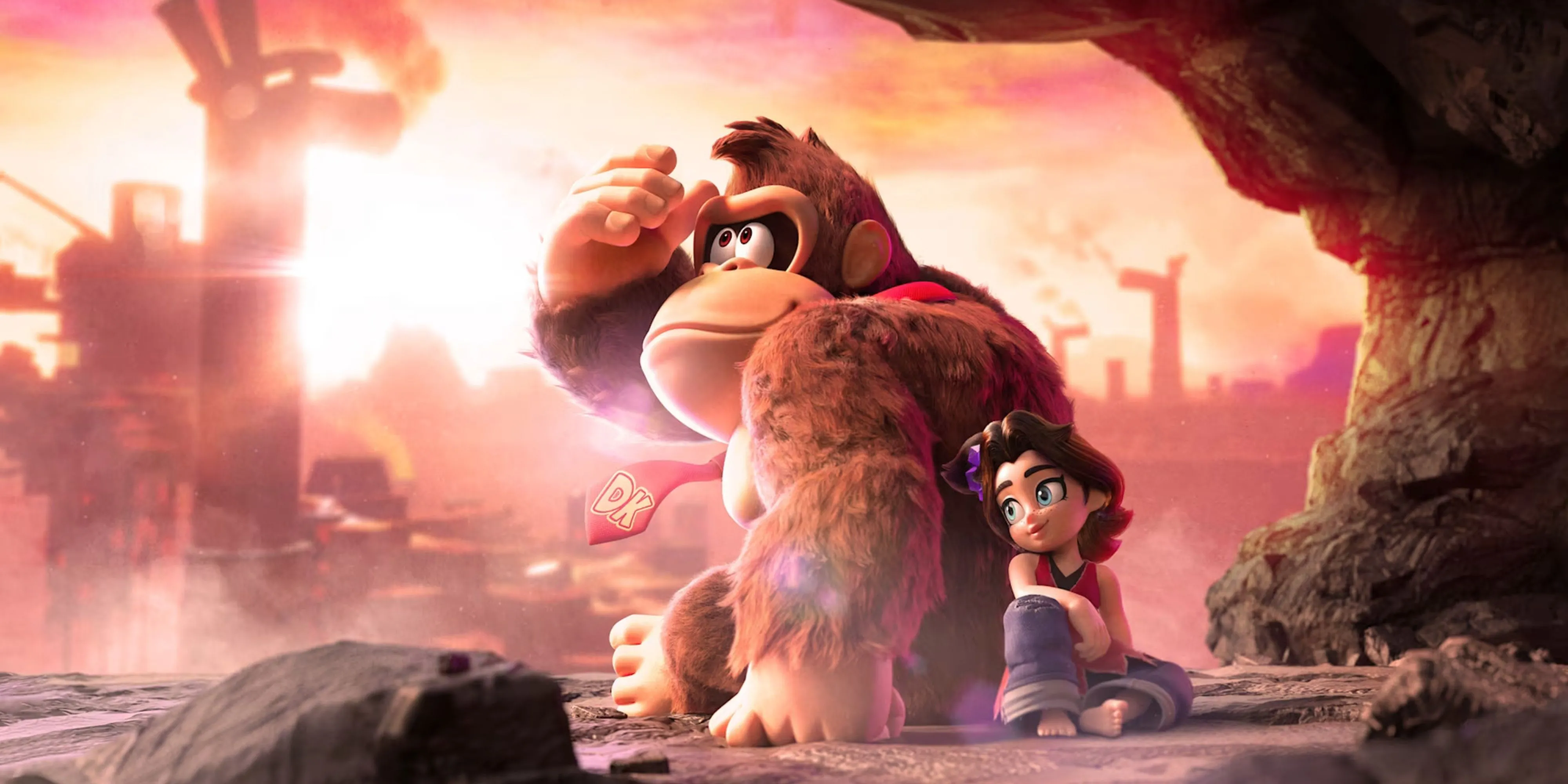 Donkey Kong và Pauline ngồi tựa lưng trong thế giới của Bananza, minh họa chi tiết môi trường ban đầu