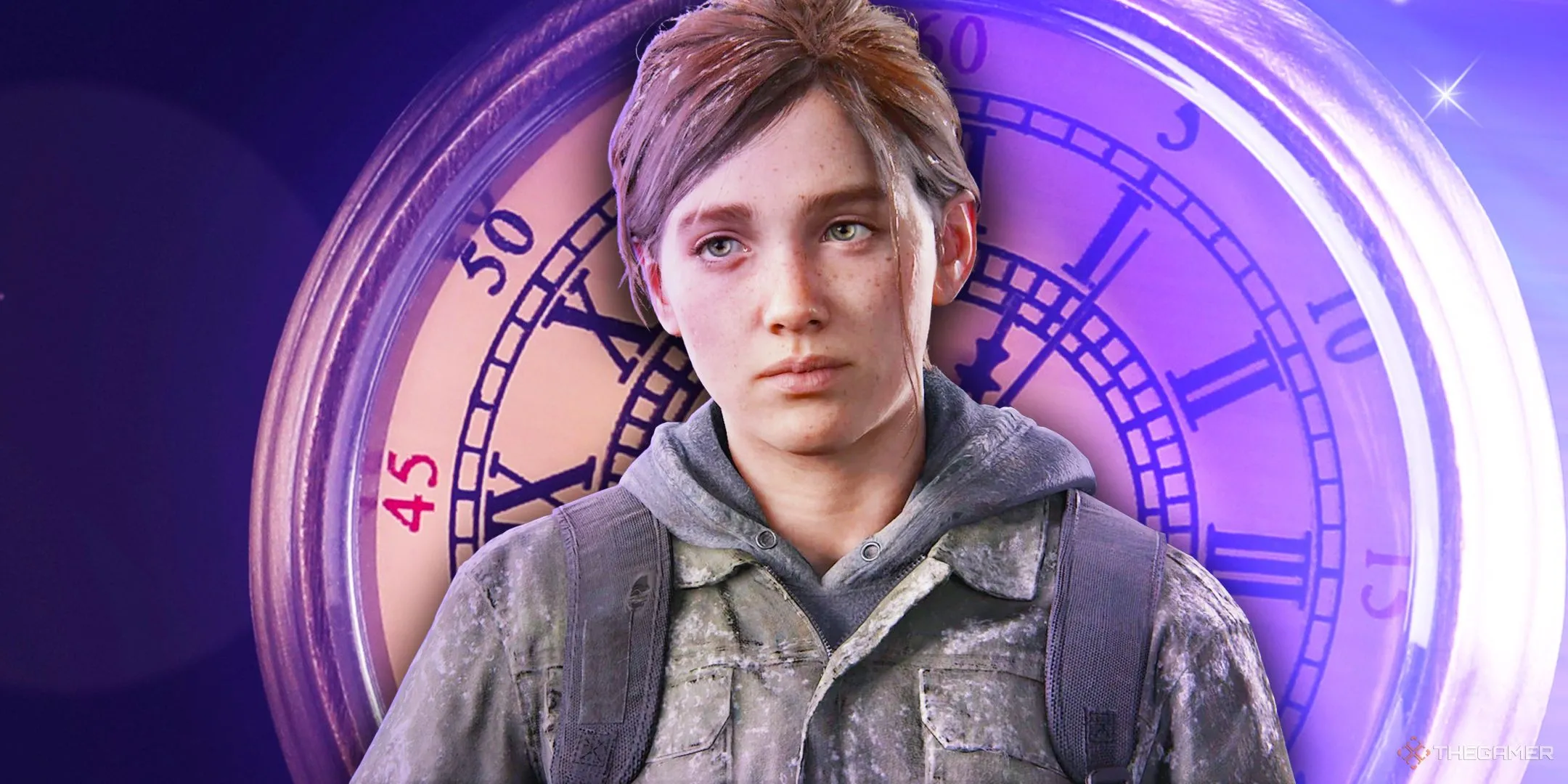 Ellie từ The Last of Us Part 2 nhìn vào đồng hồ trong một tòa nhà đổ nát.