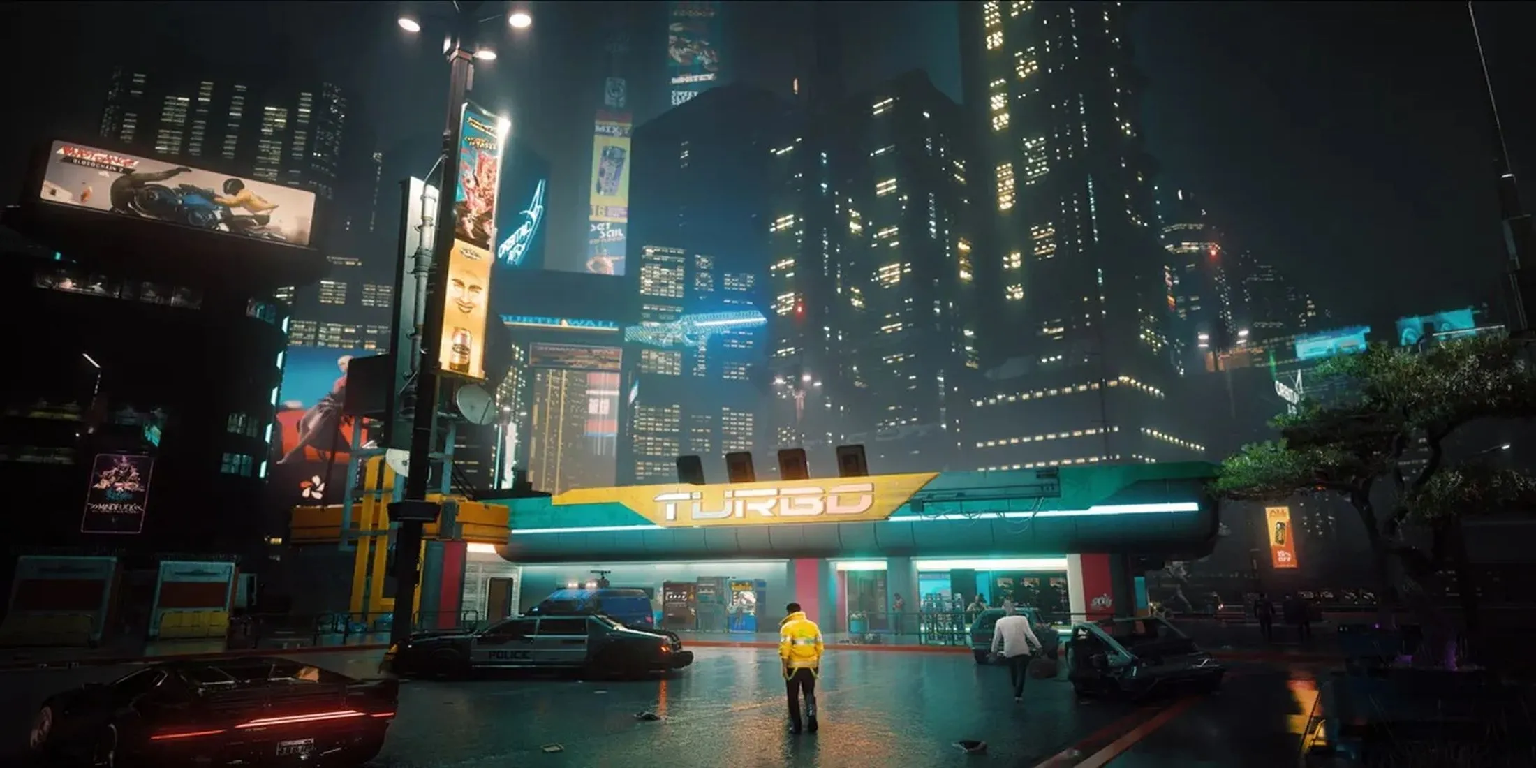 Góc nhìn toàn cảnh Night City với các tòa nhà chọc trời và phương tiện giao thông tấp nập