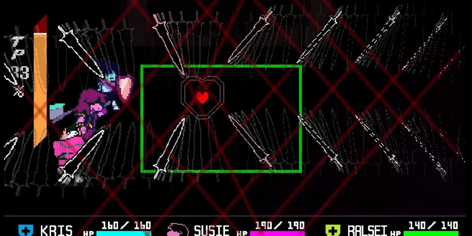 Hình ảnh boss Roaring Knight và hiệu ứng đòn tấn công 'Đường Hầm Kiếm' đáng sợ trong Deltarune Chapter 3