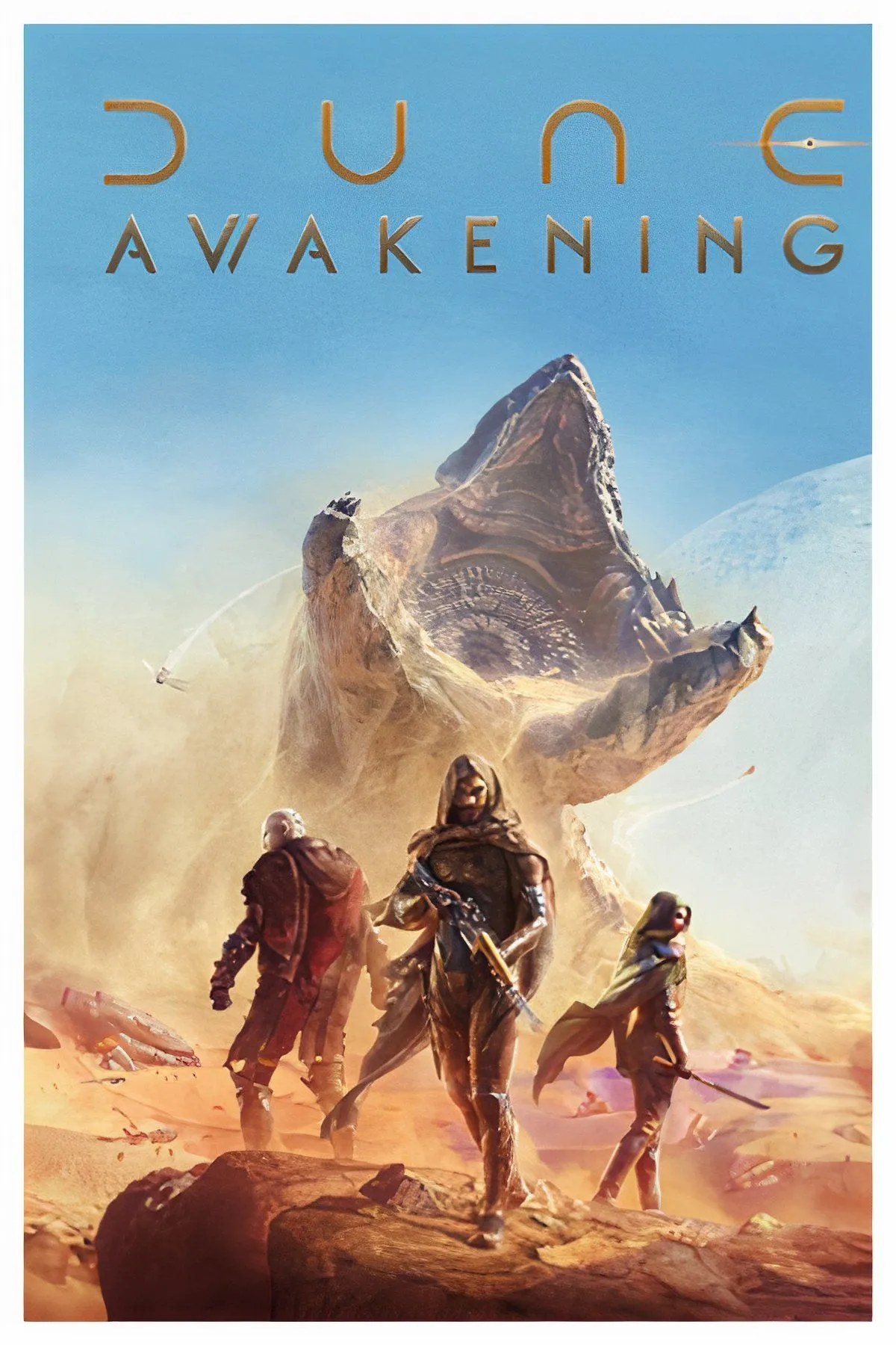Hình ảnh tổng hợp các cảnh quan và hoạt động trong game Dune Awakening, bao gồm xây dựng, giun cát và nhân vật