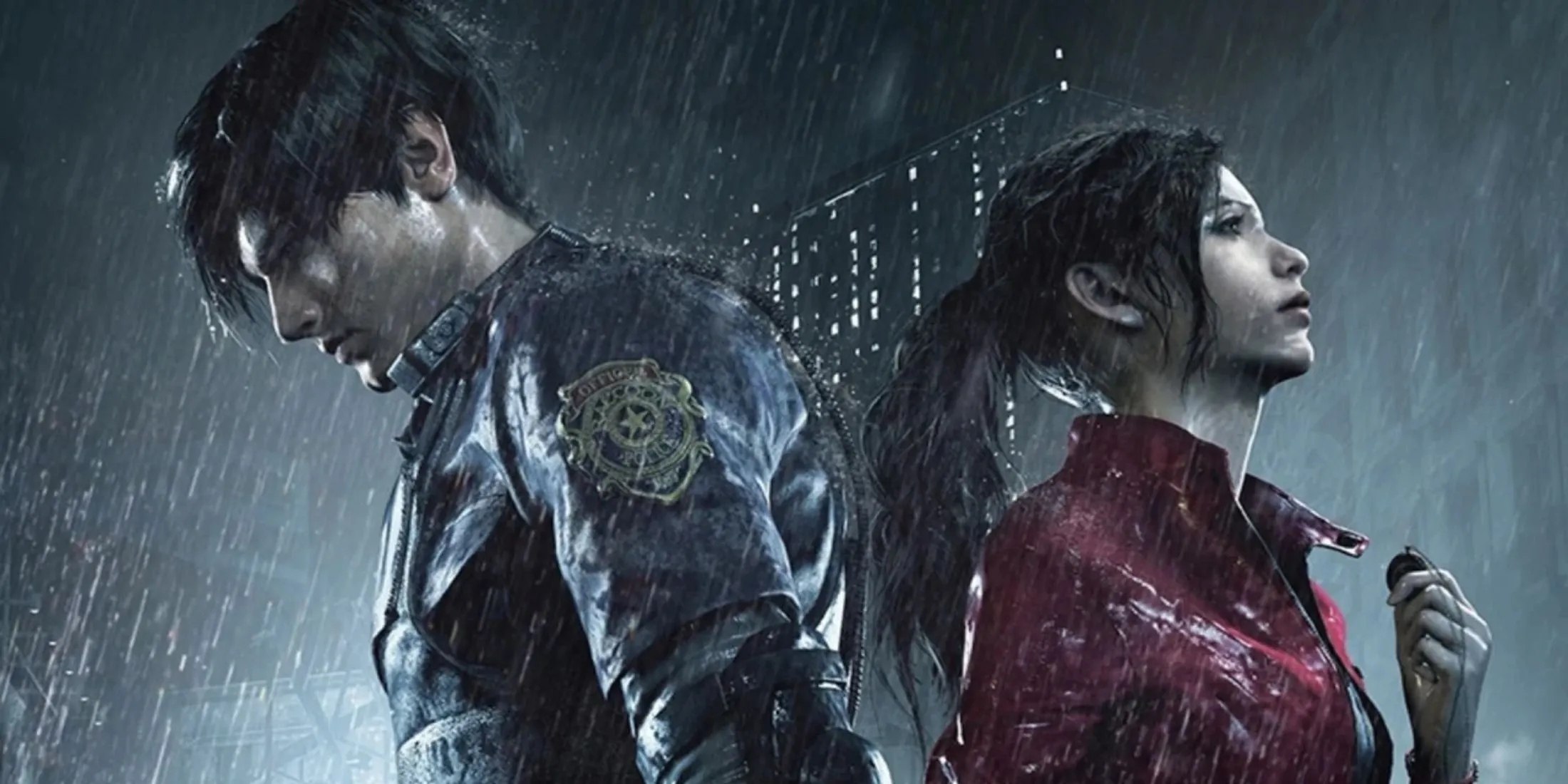 Leon Kennedy và Claire Redfield đối mặt với nhau dưới mưa trong Resident Evil 2 remake