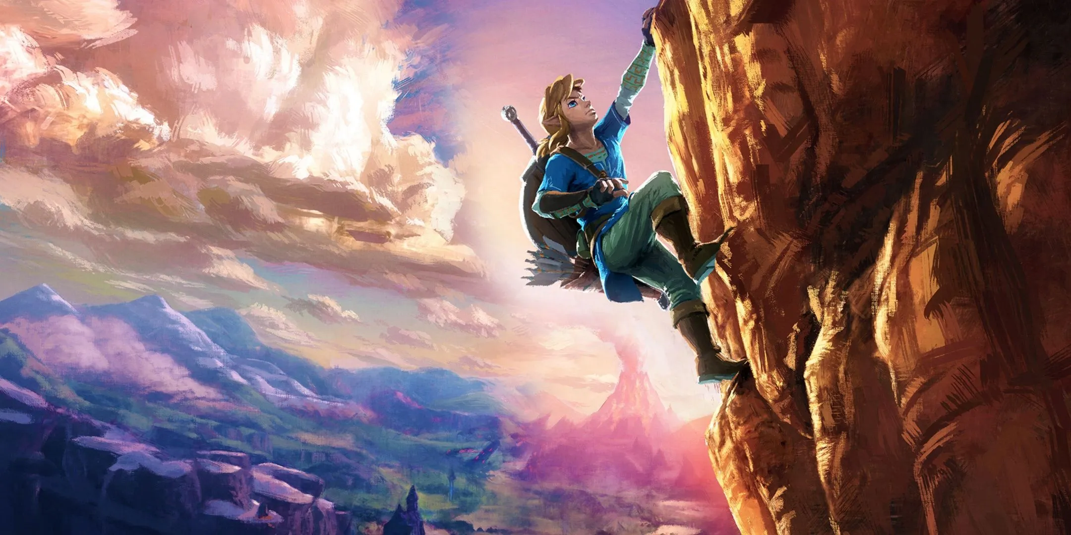 Link đứng trên đỉnh núi ngắm nhìn cảnh vật bao la của Hyrule trong The Legend of Zelda: Breath of the Wild, biểu trưng cho tương tác thế giới mở.