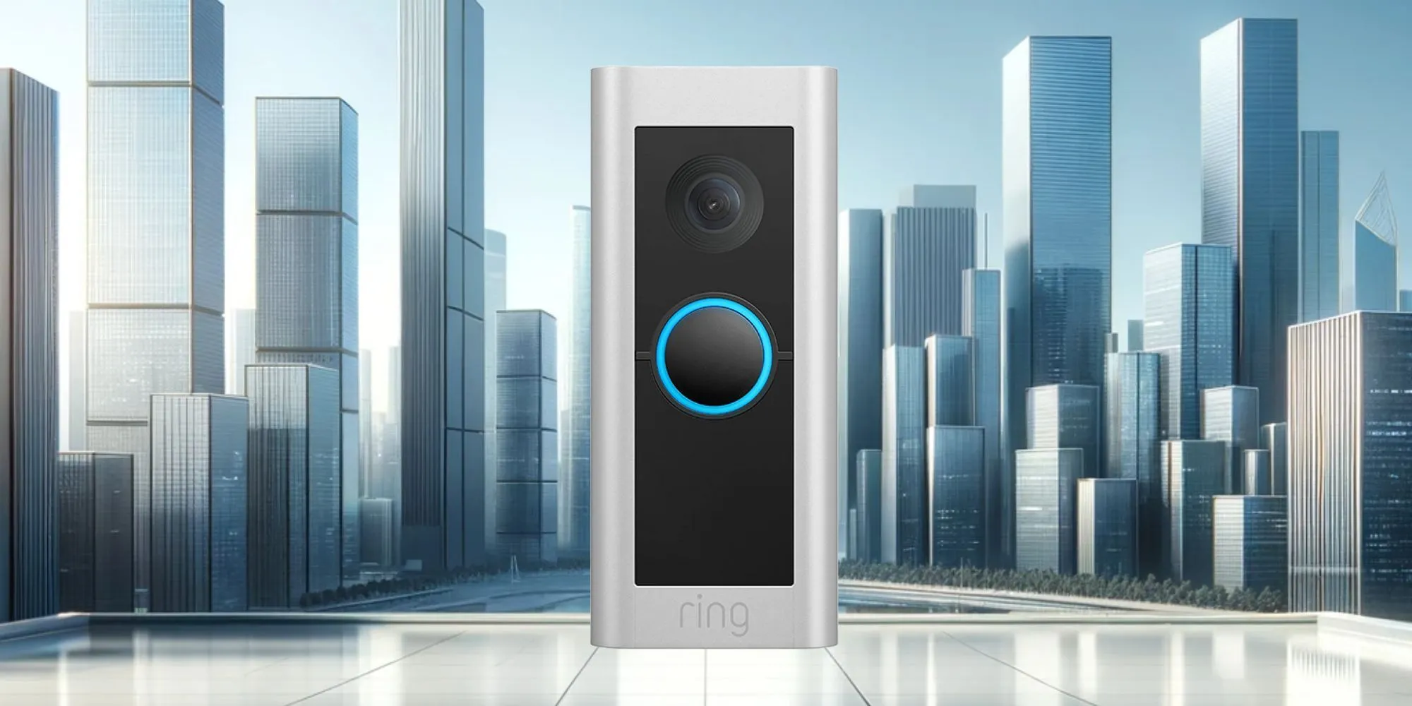 Mô hình chuông cửa thông minh Ring Video Doorbell Pro 2 được đặt trong bối cảnh thành phố.