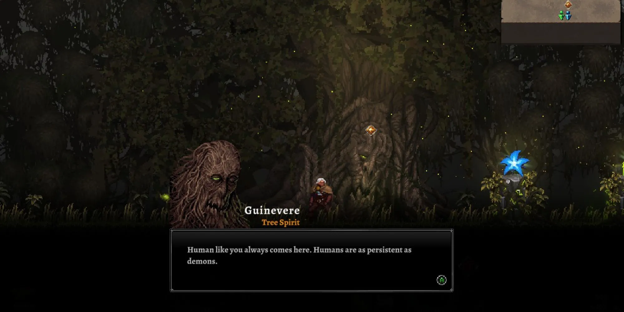Một phân cảnh cốt truyện trong Dragon Is Dead, cho thấy nhân vật tương tác với Tinh linh cây