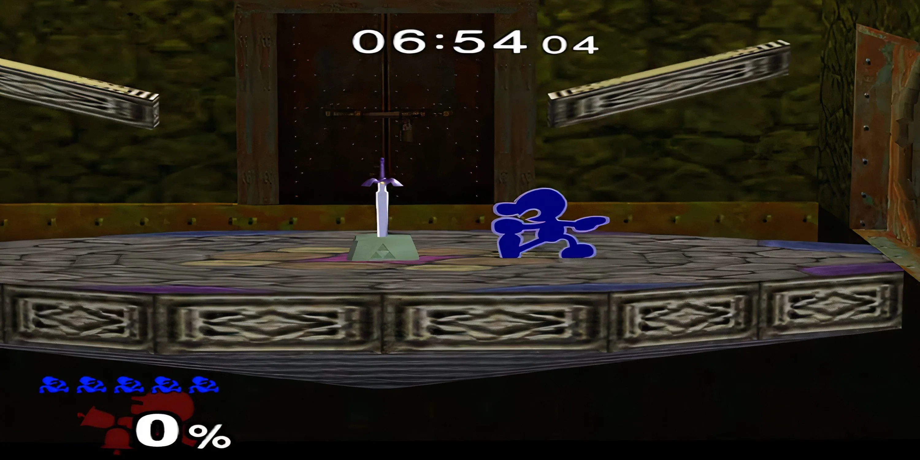Mr. Game &amp; Watch sẵn sàng chạm vào Master Sword trong Chế độ Phiêu lưu (Adventure Mode) độc đáo của Super Smash Bros. Melee.