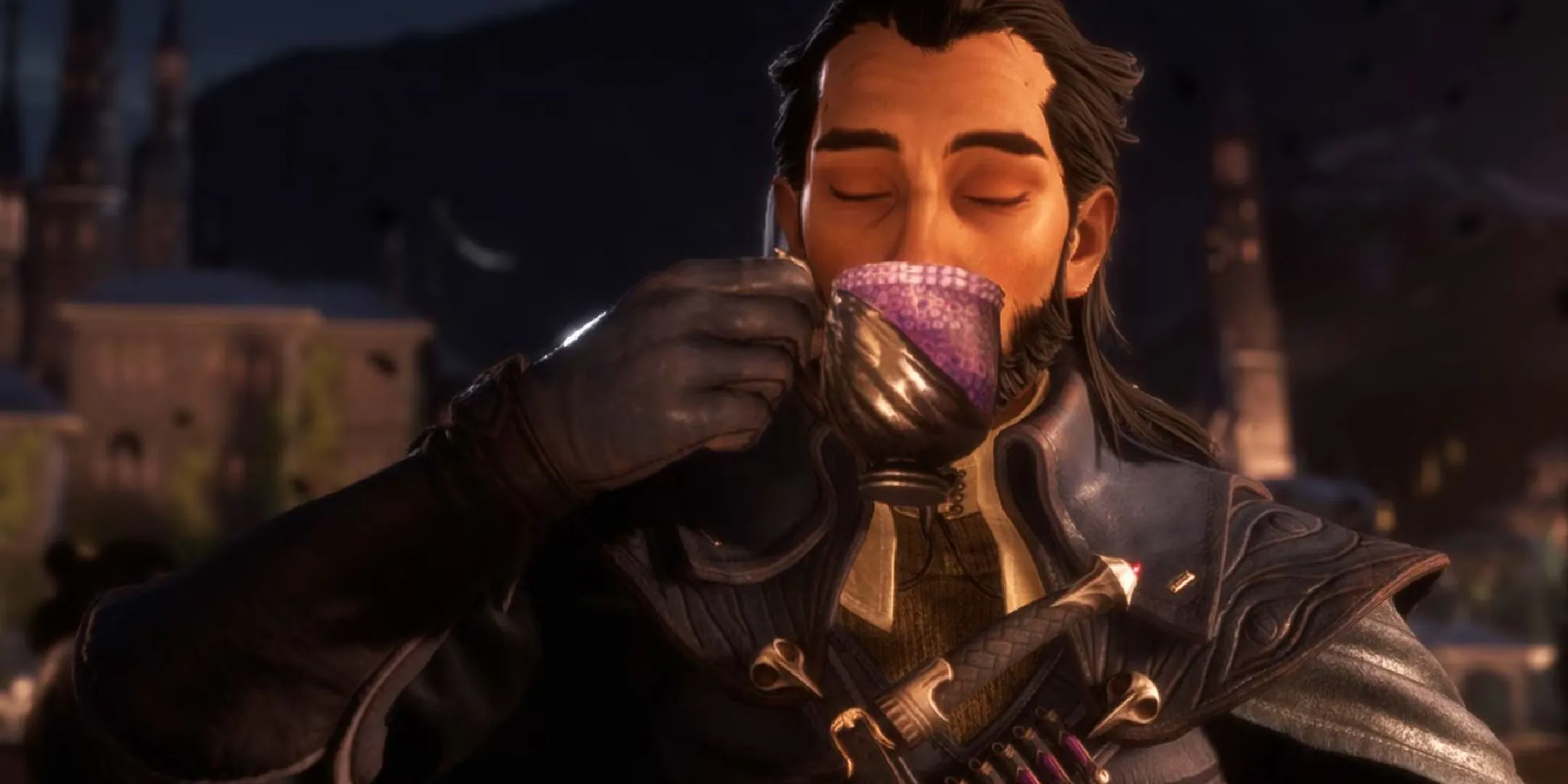 Nhân vật Lucanis trong game Dragon Age: The Veilguard đang thưởng thức tách cà phê.