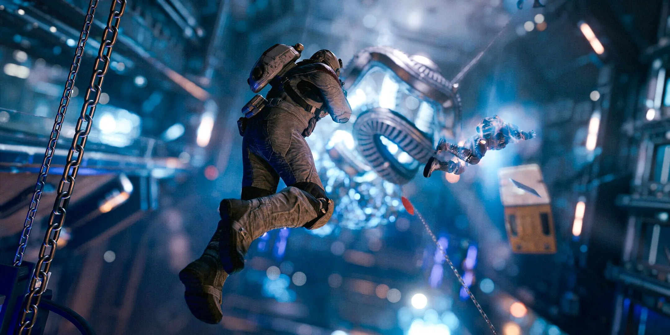Nhân vật người chơi trong hành lang không trọng lực của Starfield: Shattered Space DLC, minh họa nội dung mới của game.