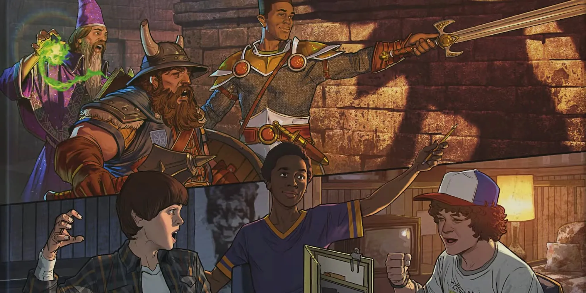 Nhóm bạn Stranger Things quẩy hết mình trong artwork bộ Dungeons & Dragons Welcome to the Hellfire Club đậm chất 80s