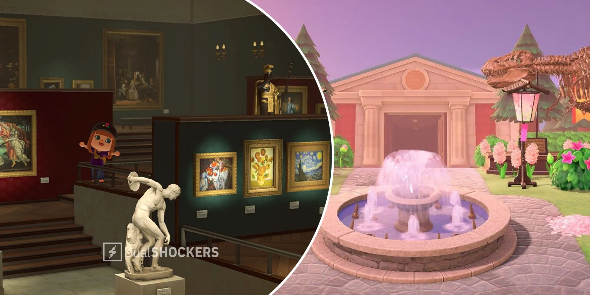 Phòng trưng bày nghệ thuật trong Animal Crossing New Horizons với tranh và tượng, góc nhìn bên ngoài bảo tàng