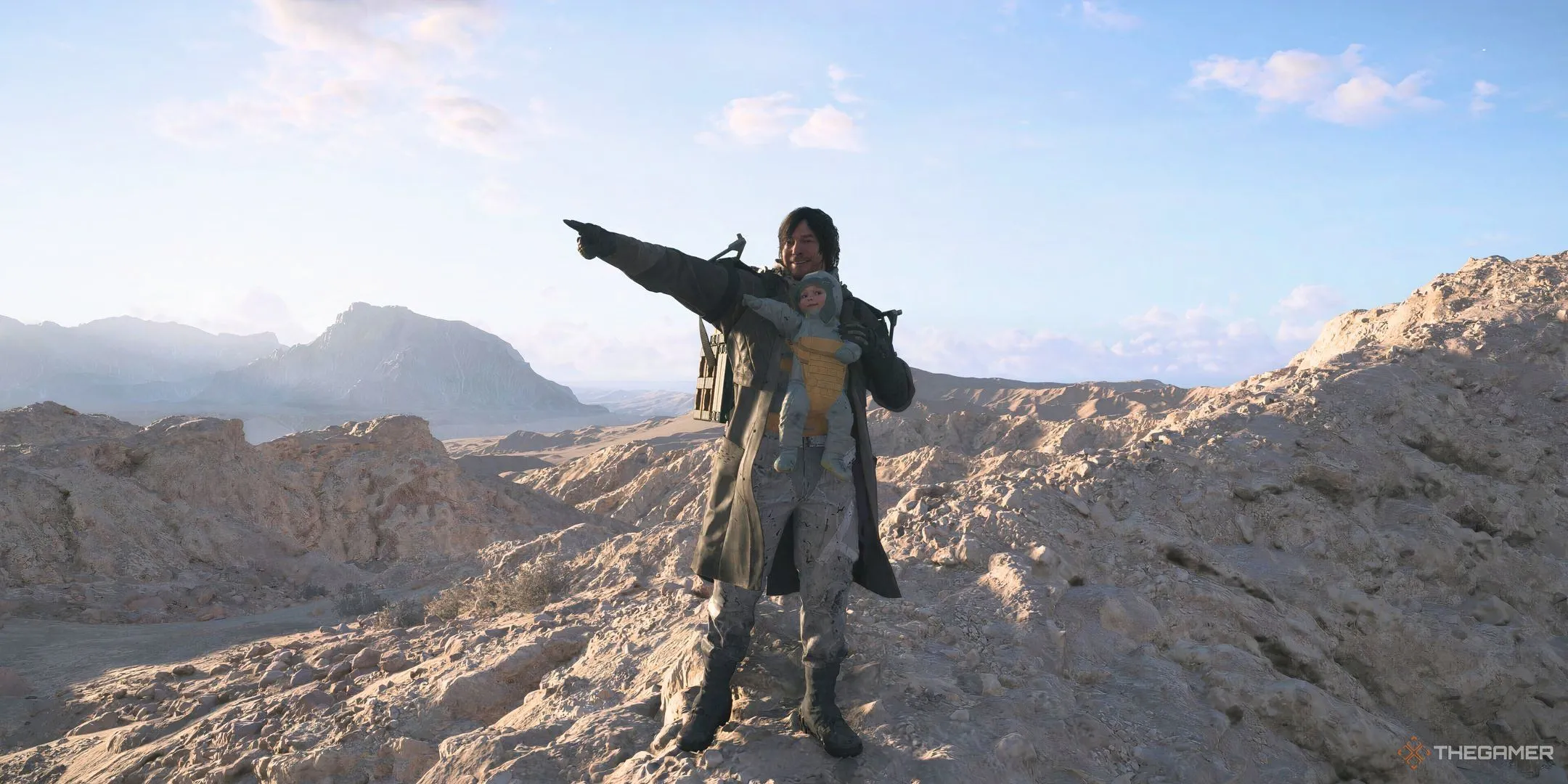 Sam Porter Bridges cùng Lou trên bãi biển hoang vắng, biểu tượng cho sự cô độc trong Death Stranding 2