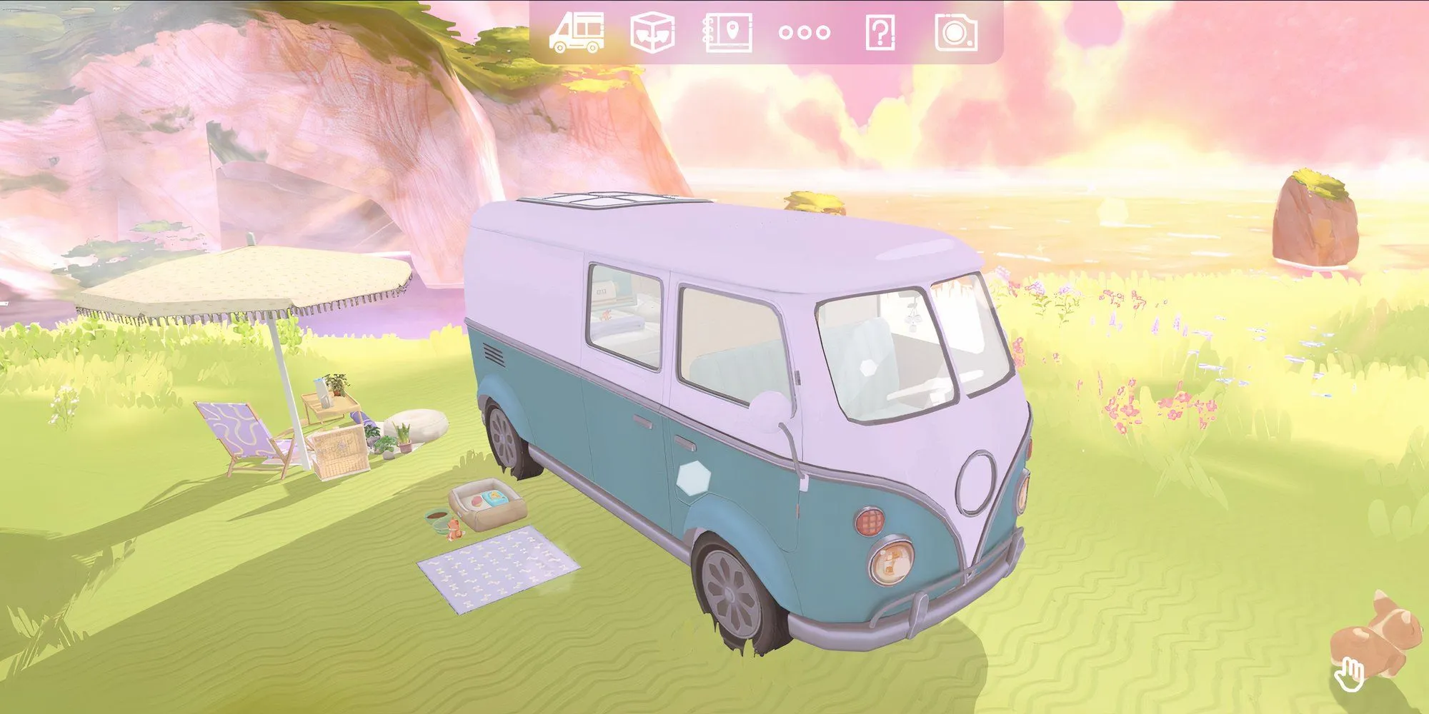 Sắp xếp nội thất xe camper van màu xanh bên vách đá trong game Camper Van Make it Home