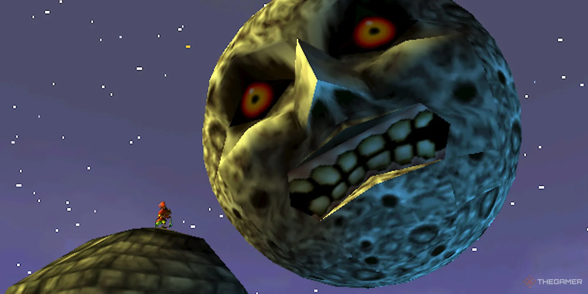 Skull Kid nhìn lên mặt trăng ở Clock Town trong The Legend of Zelda: Majora